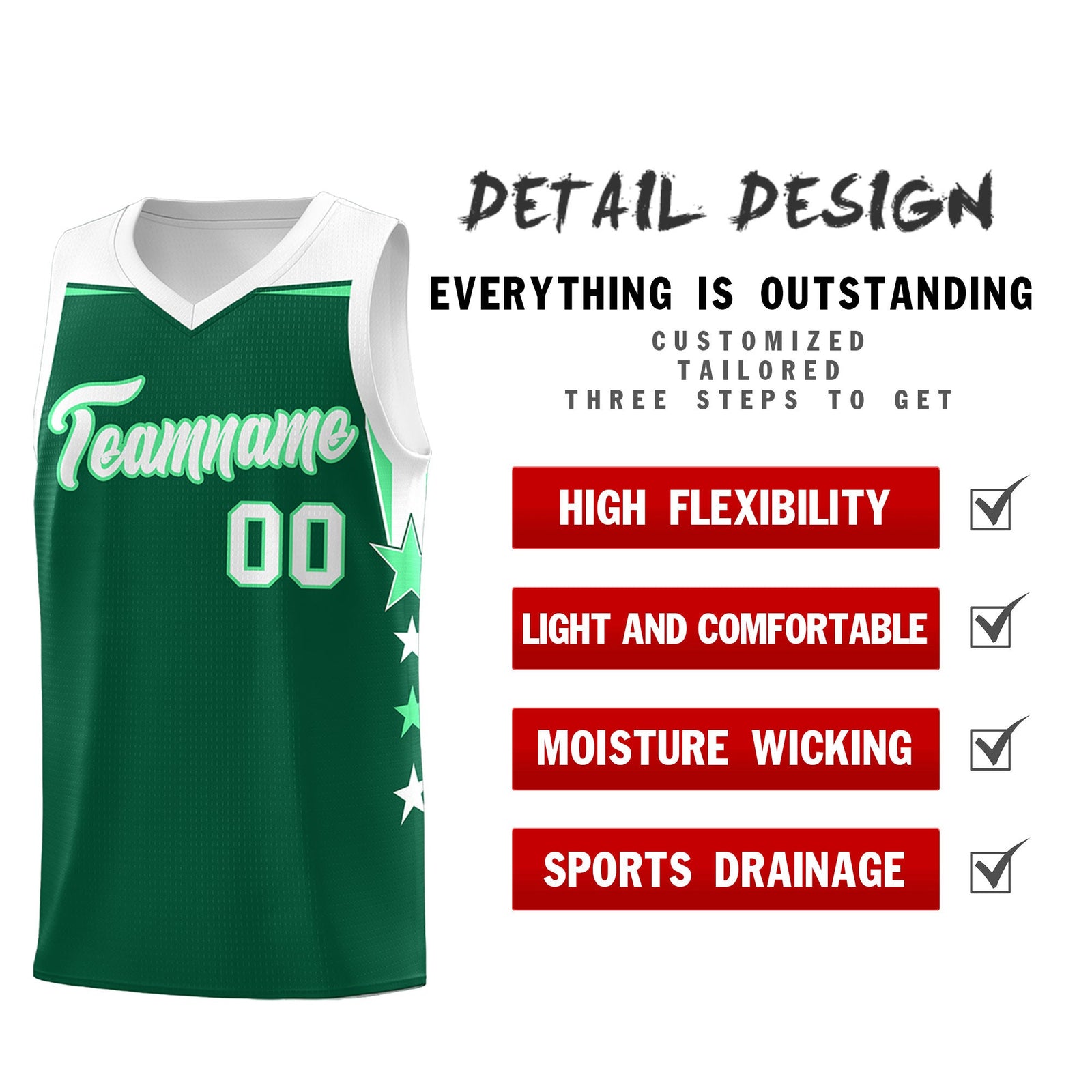 Custom Youth Basketball Uniform Kelly Green White Two Tone Side Star Personalized Team Jersey