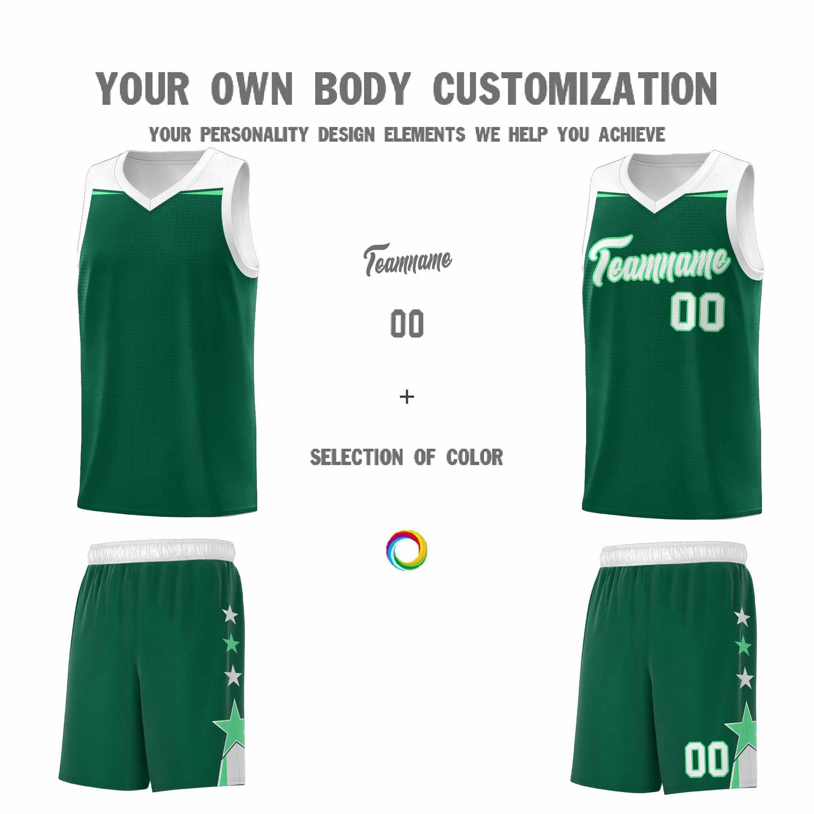 Custom Youth Basketball Uniform Kelly Green White Two Tone Side Star Personalized Team Jersey