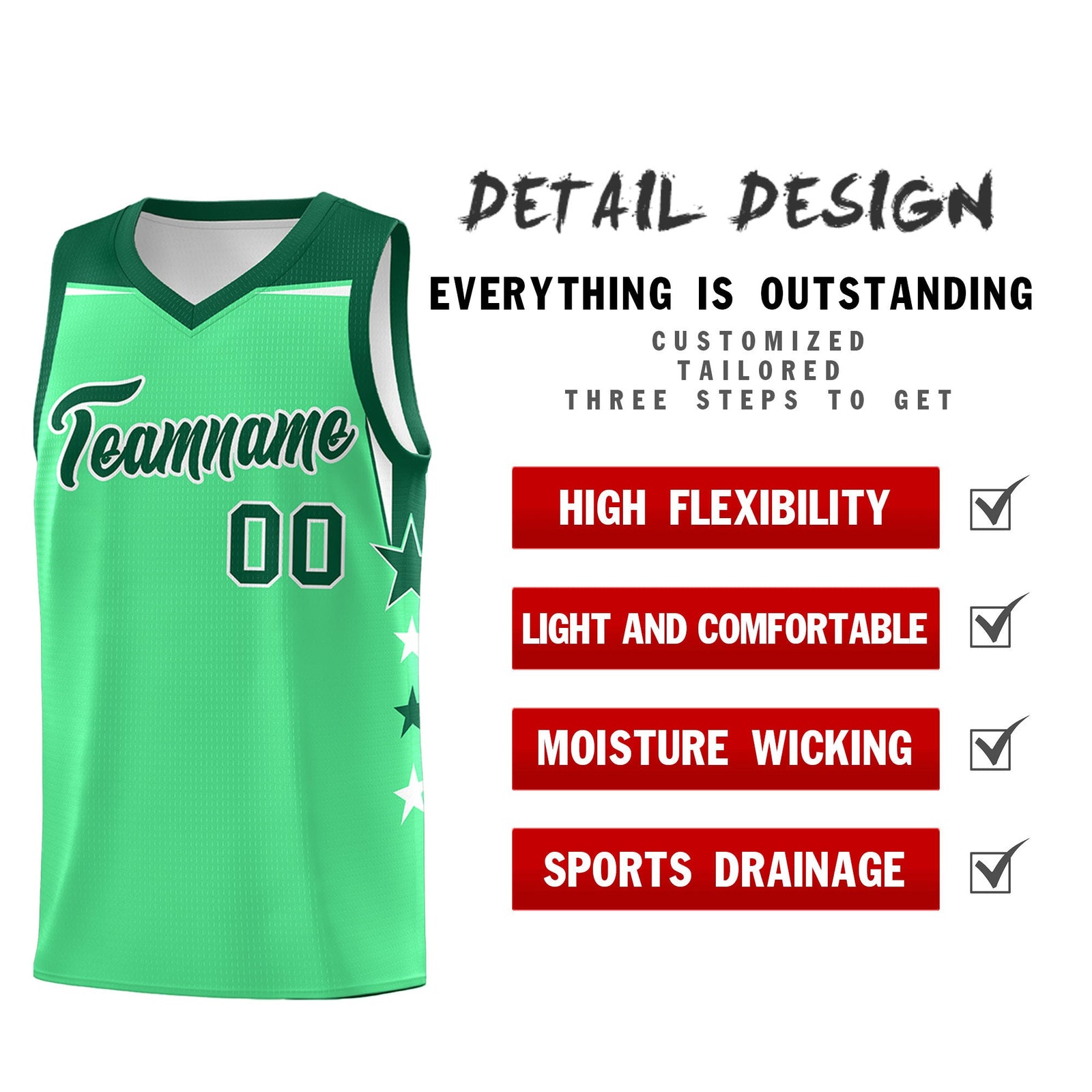 Custom Youth Basketball Uniform Green Kelly Green Two Tone Side Star Color Block Team Jersey