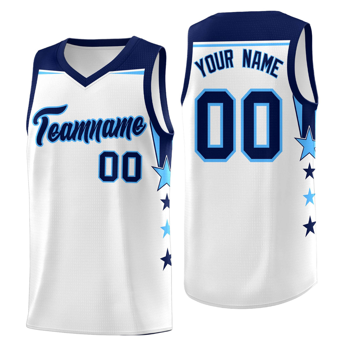 Custom Youth Basketball Uniform White Navy Two Tone Side Star Add Name Number & Logo