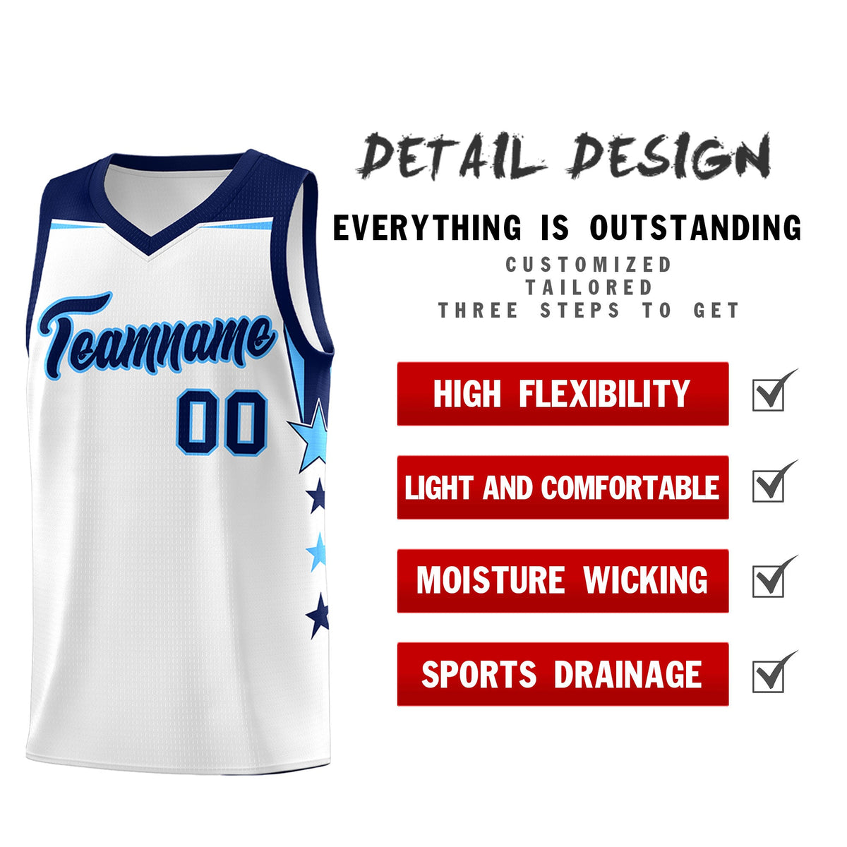 Custom Youth Basketball Uniform White Navy Two Tone Side Star Add Name Number & Logo