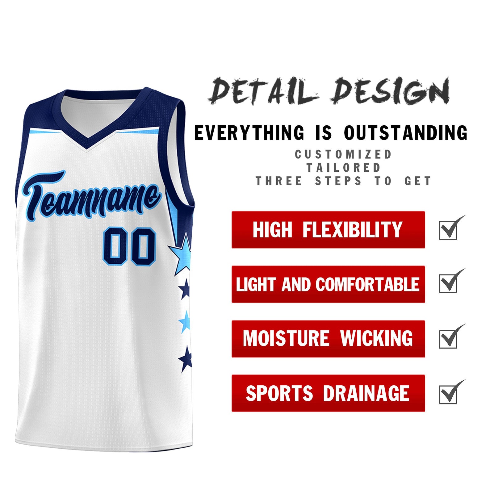 Custom Youth Basketball Uniform White Navy Two Tone Side Star Add Name Number & Logo