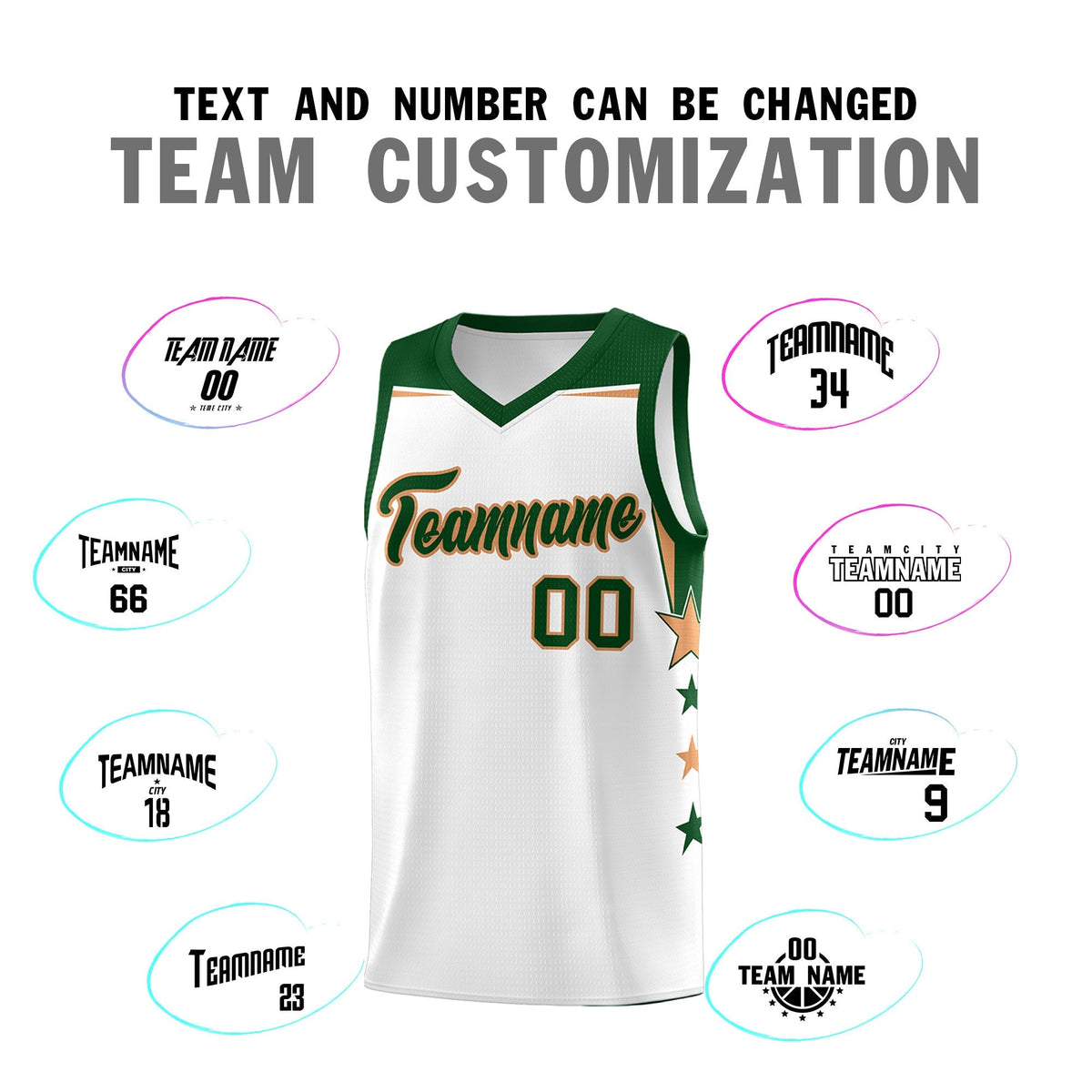 Custom Youth Basketball Uniform White Green Two Tone Side Star Add Name Number & Logo