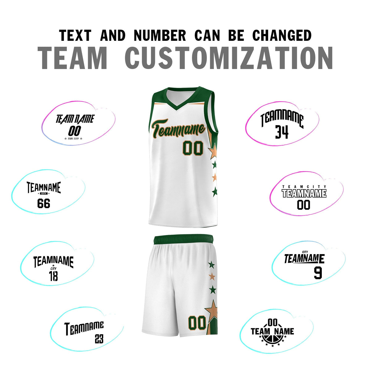 Custom Youth Basketball Uniform White Green Two Tone Side Star Add Name Number & Logo