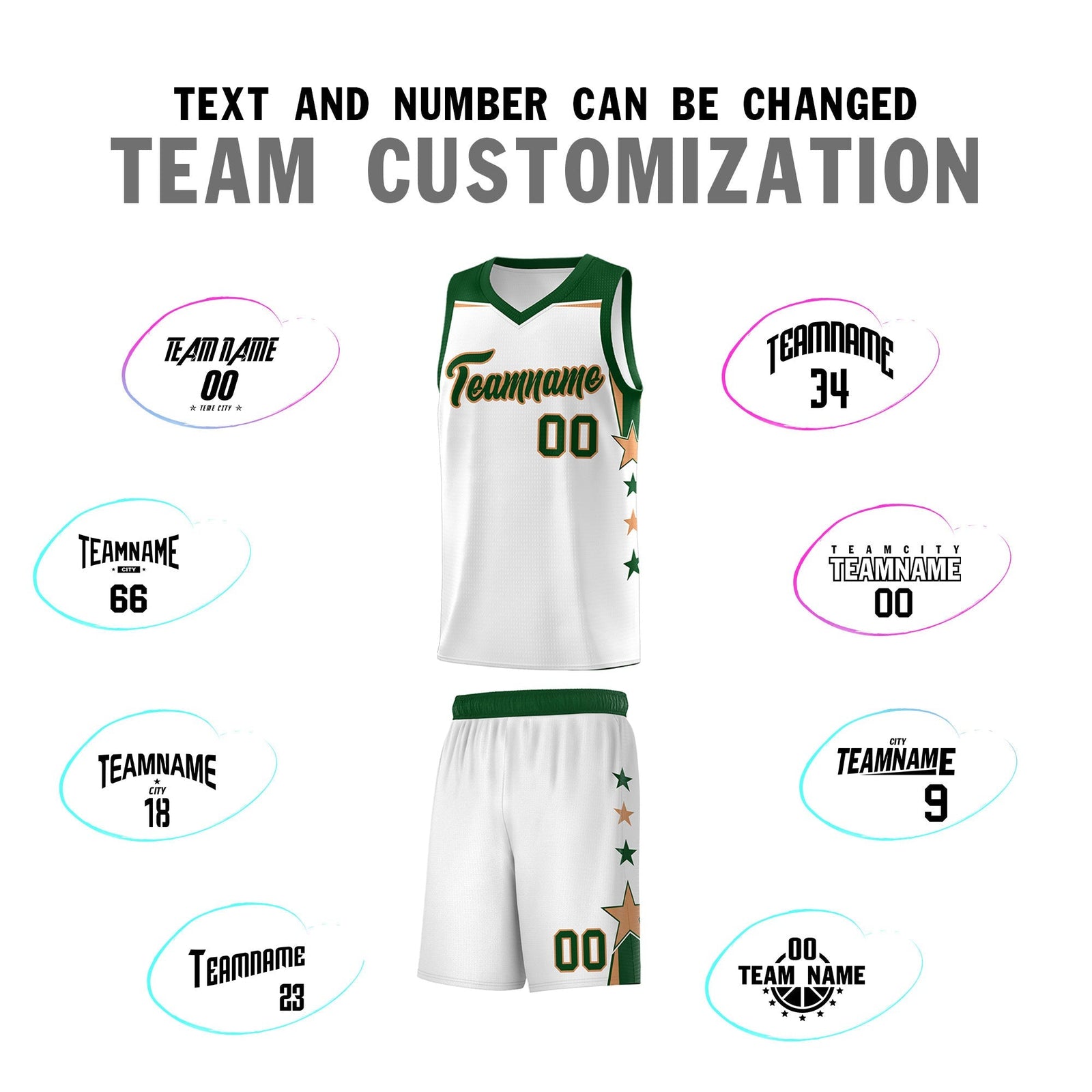 Custom Youth Basketball Uniform White Green Two Tone Side Star Add Name Number & Logo