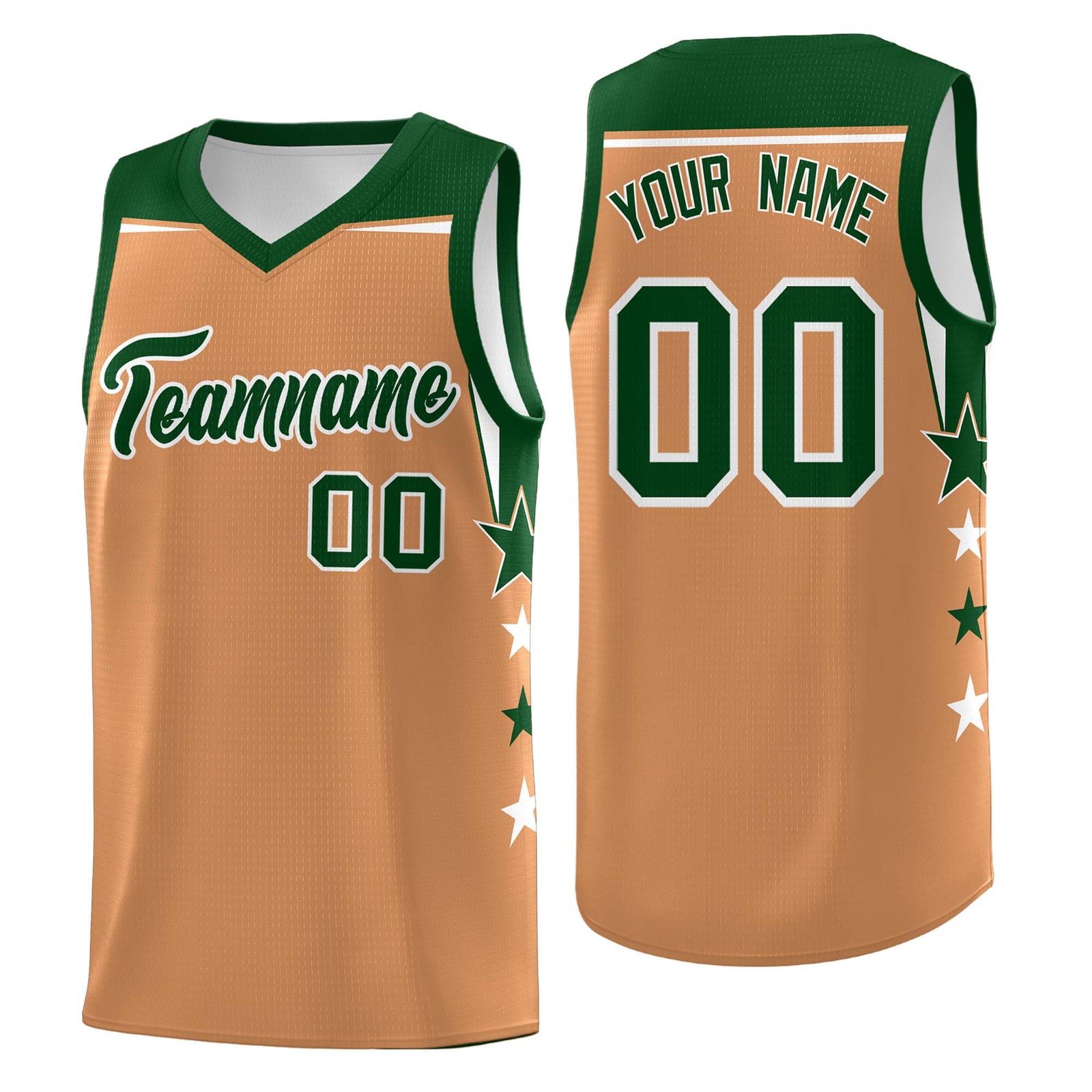 Custom Youth Basketball Uniform Buckskin Brown Green Two Tone Side Star Color Block Team Jersey