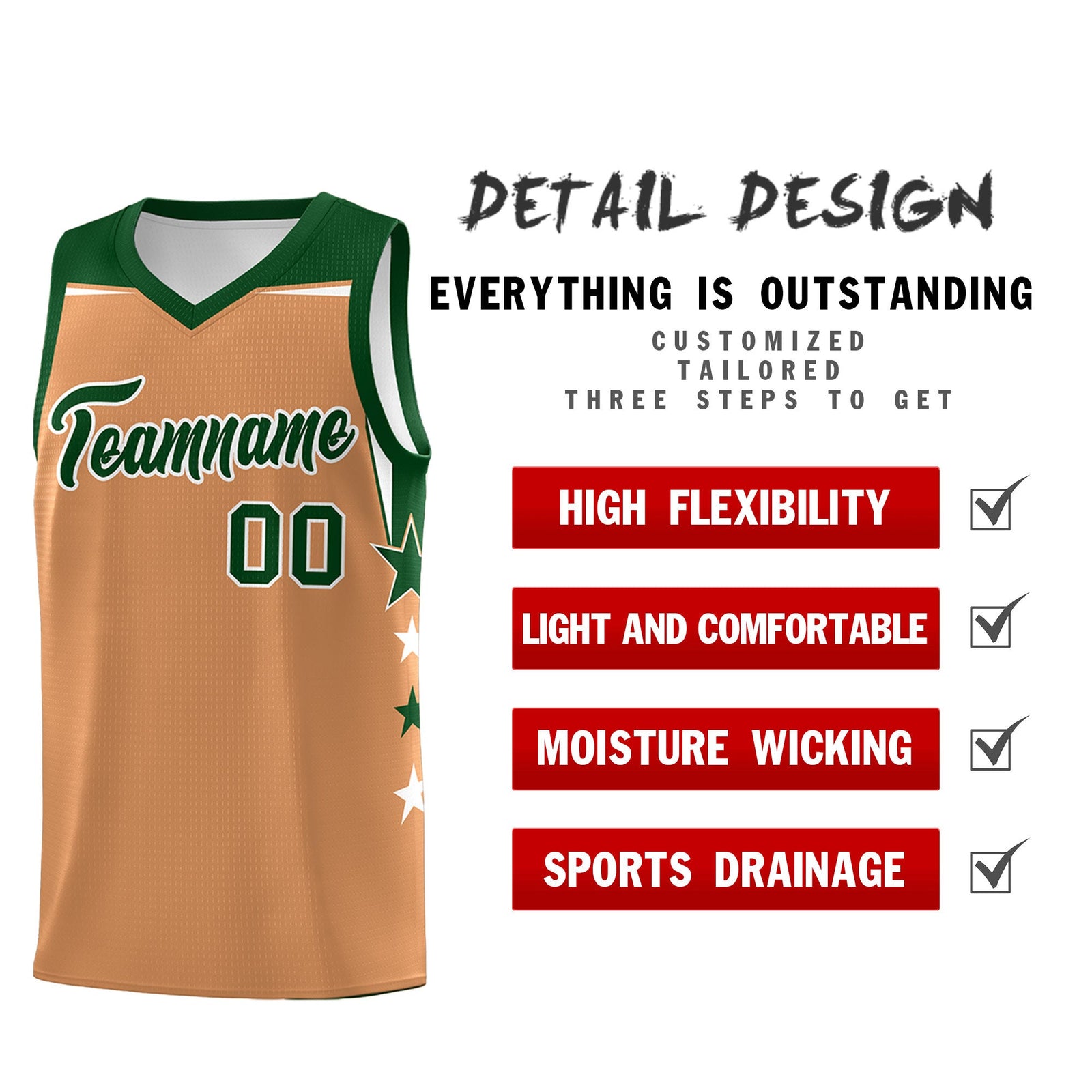 Custom Youth Basketball Uniform Buckskin Brown Green Two Tone Side Star Color Block Team Jersey