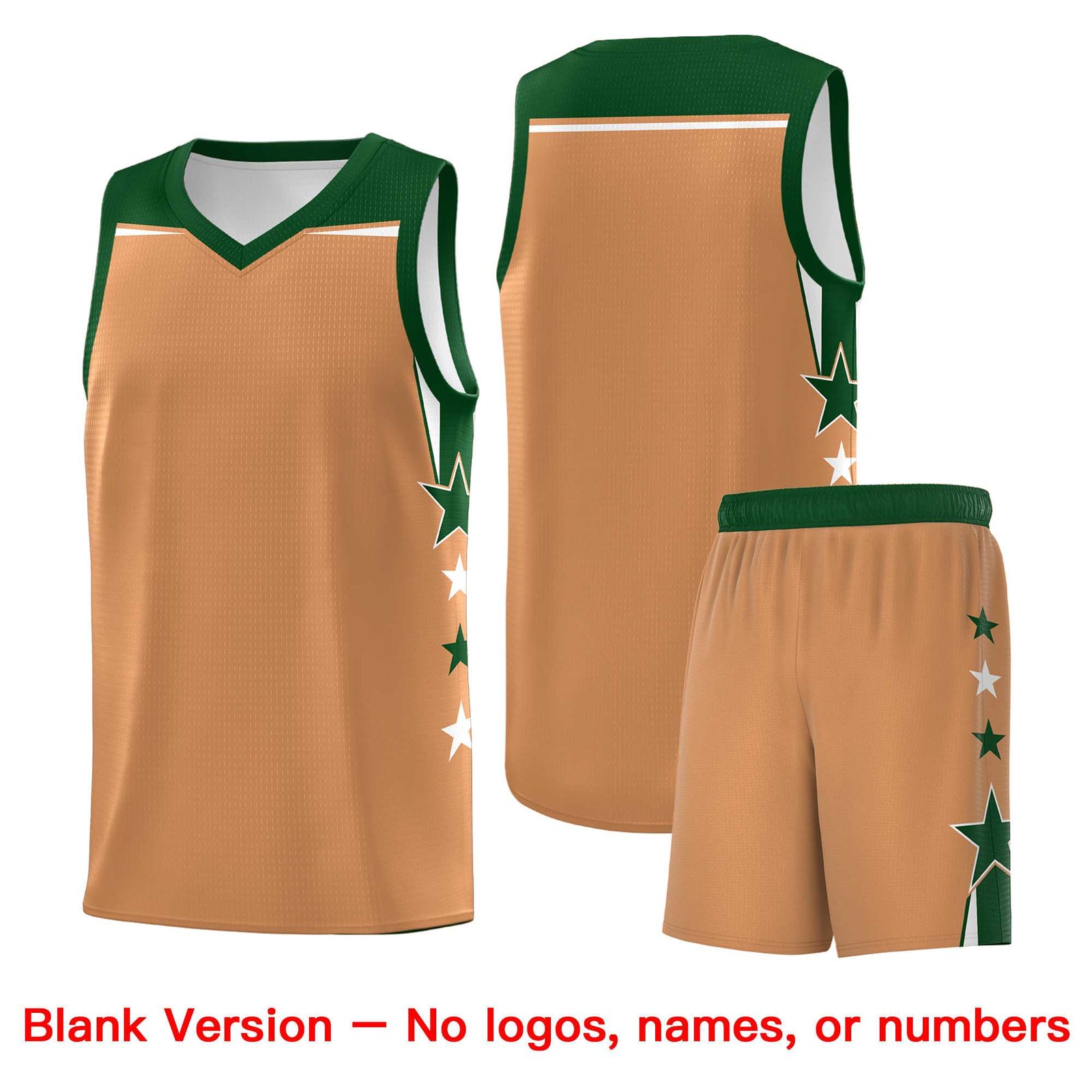 Custom Youth Basketball Uniform Buckskin Brown Green Two Tone Side Star Color Block Team Jersey