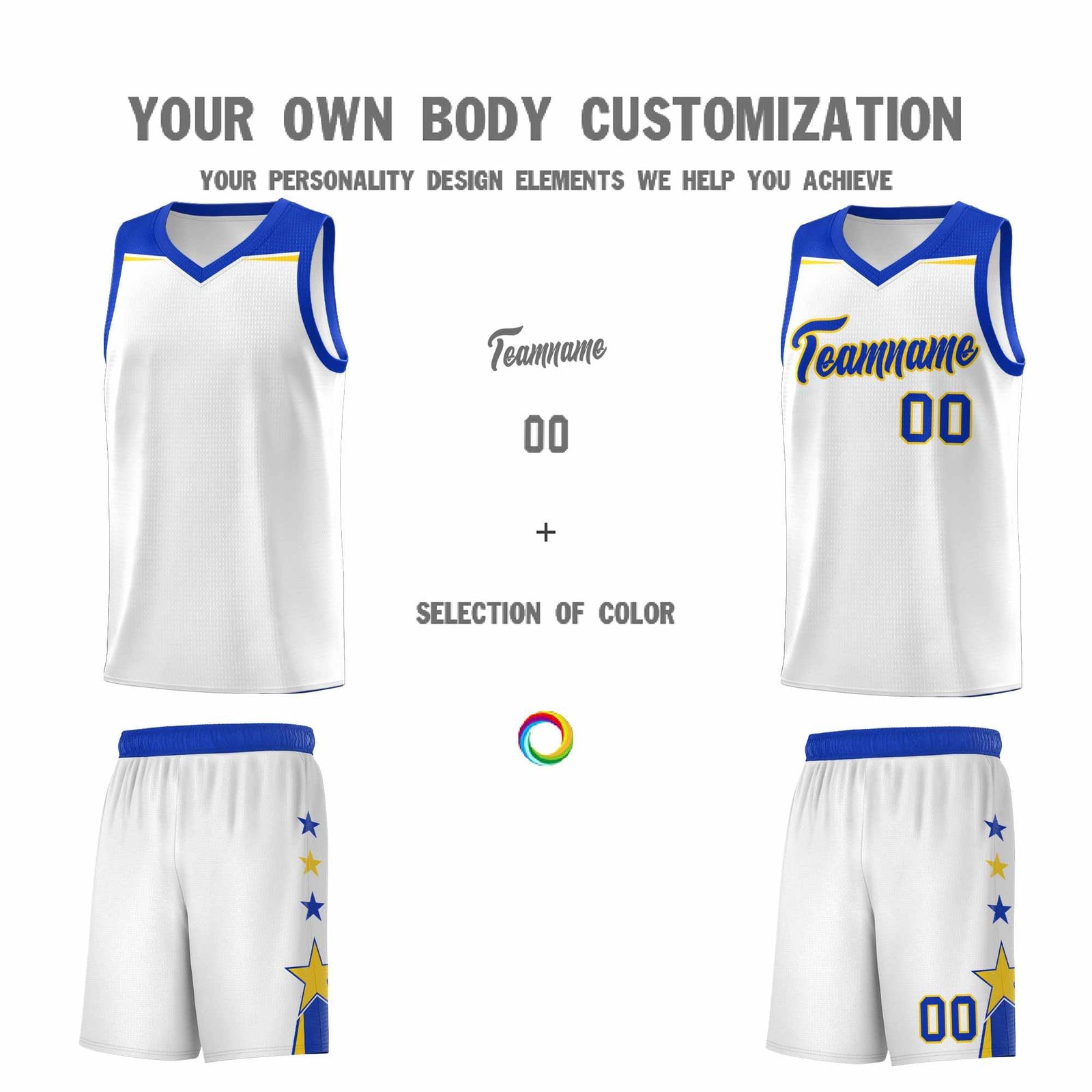 Custom Youth Basketball Uniform White Royal Two Tone Side Star Add Name Number & Logo