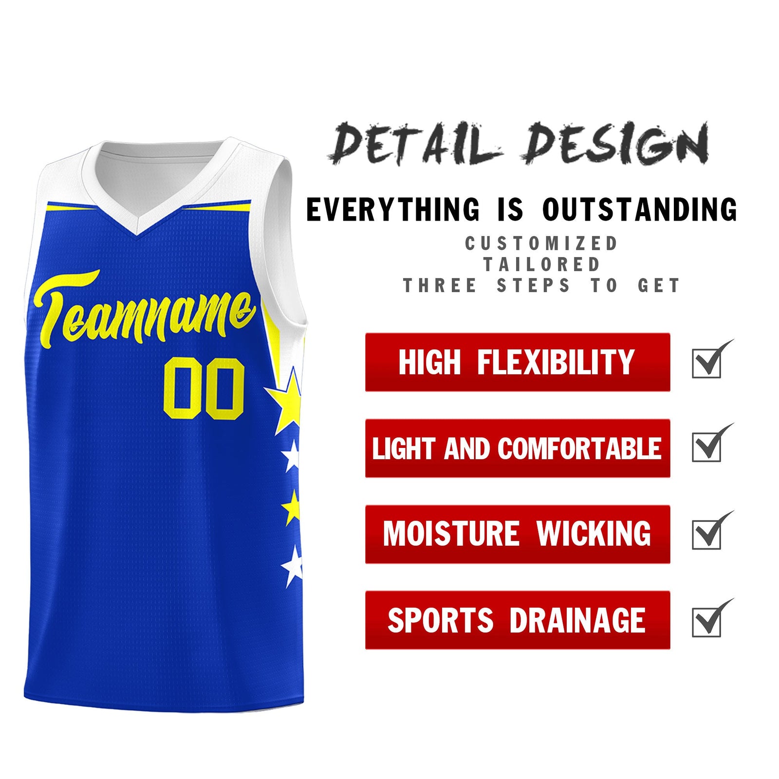 Custom Youth Basketball Uniform Royal White Two Tone Side Star Personalized Team Jersey