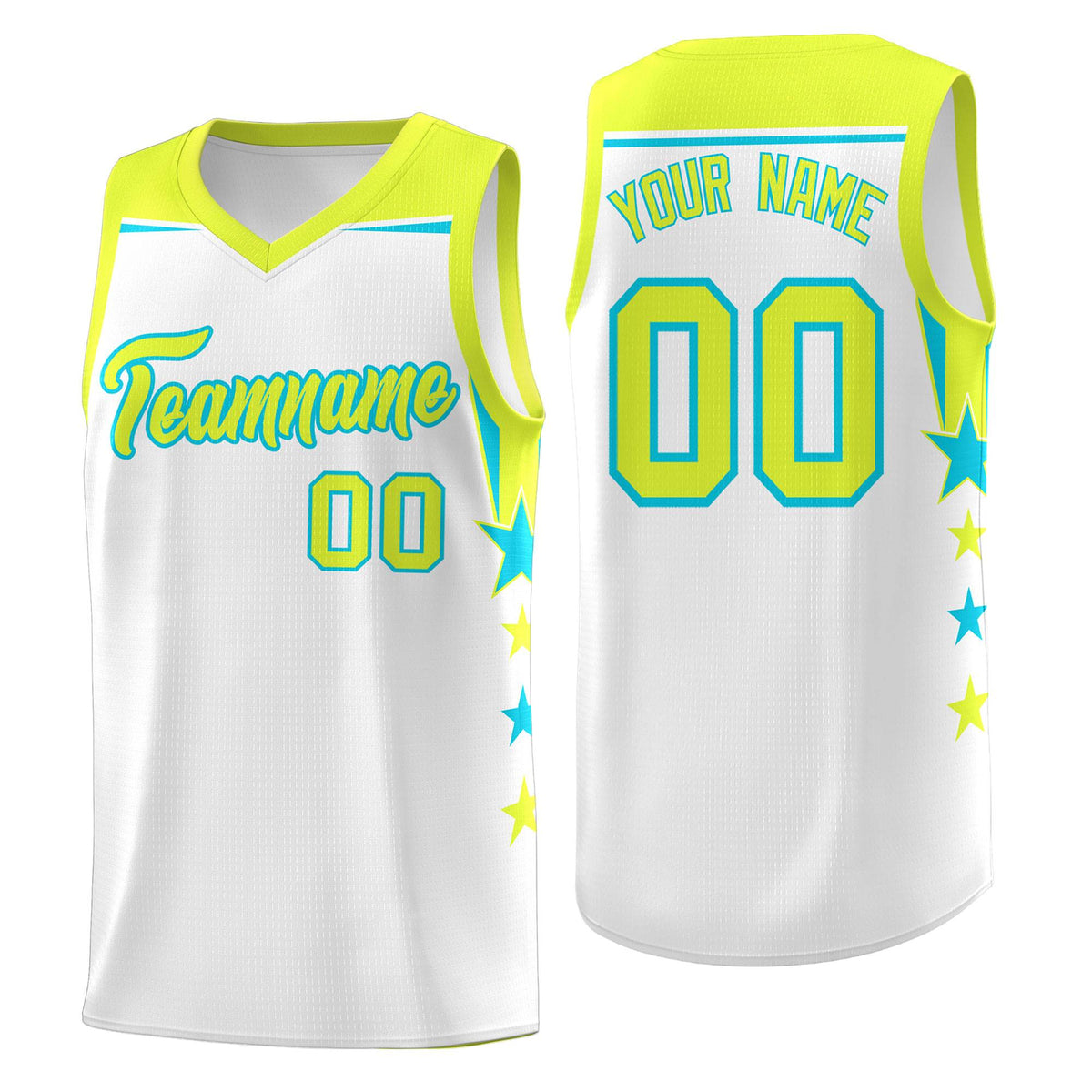 Custom Youth Basketball Uniform White Fluorescent Green Two Tone Side Star Add Name Number & Logo