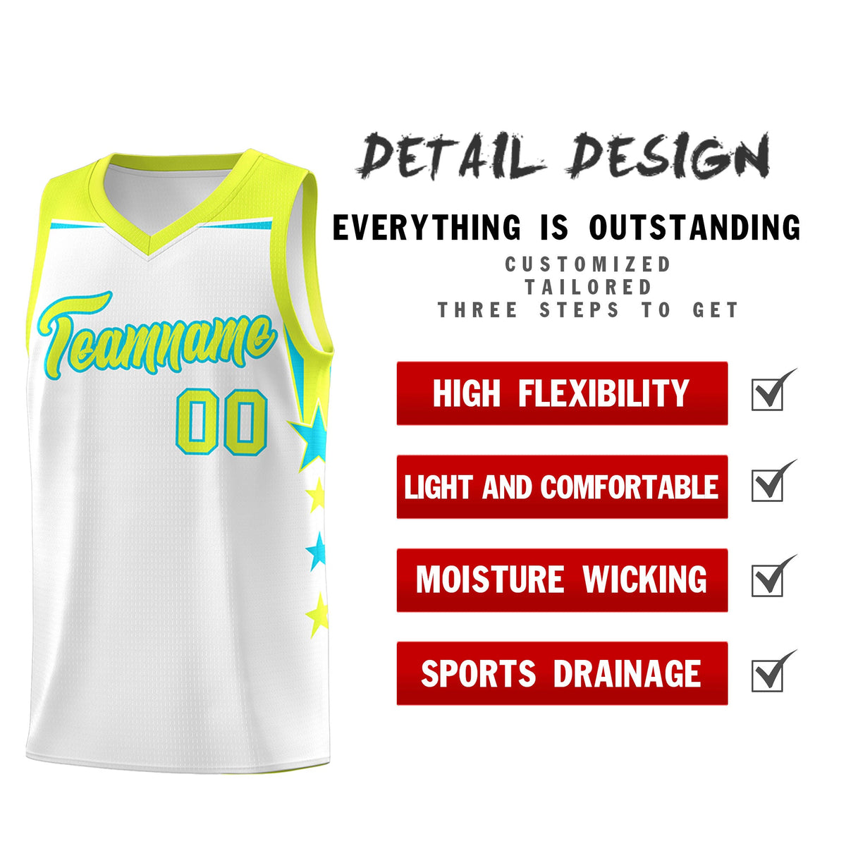 Custom Youth Basketball Uniform White Fluorescent Green Two Tone Side Star Add Name Number & Logo