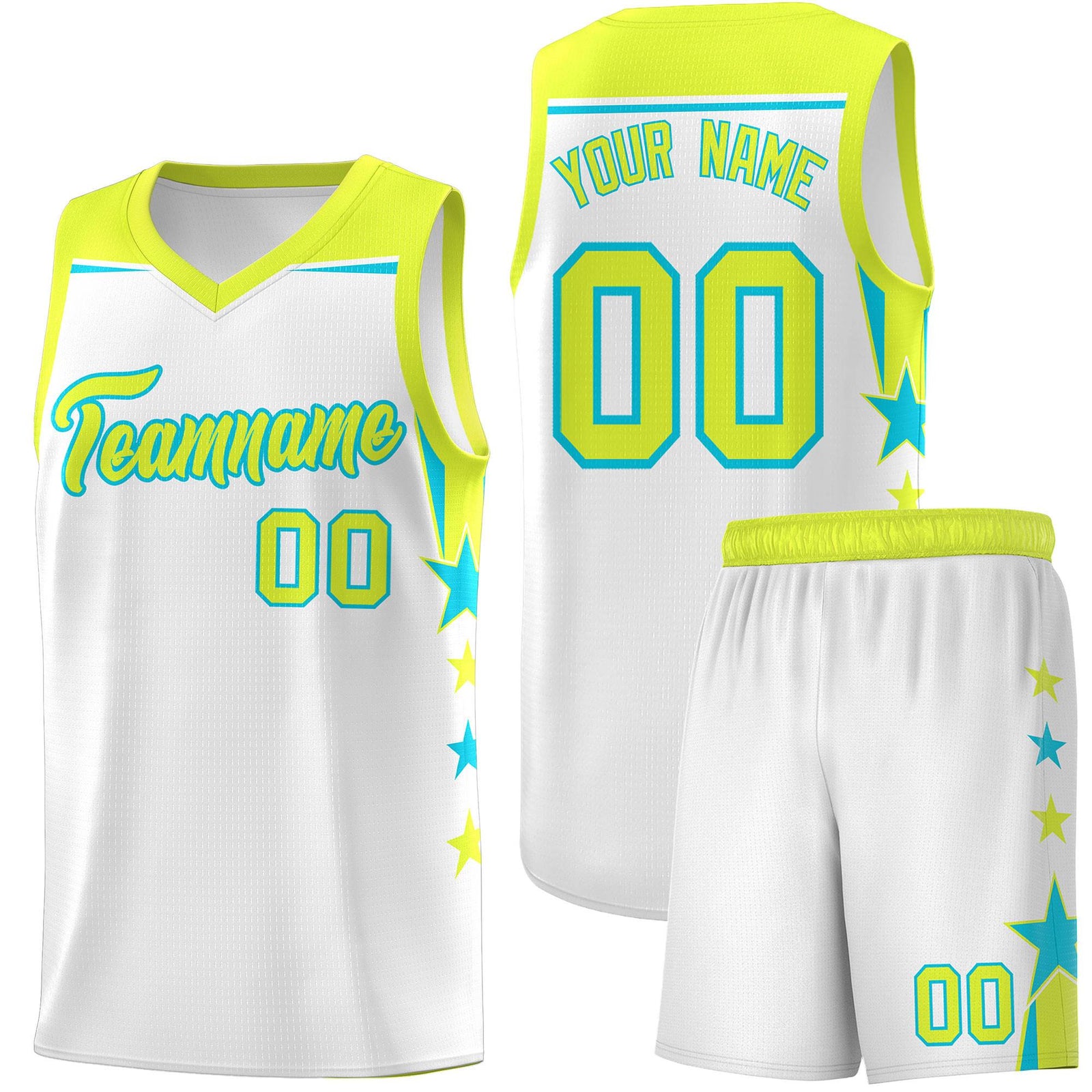 Custom Youth Basketball Uniform White Fluorescent Green Two Tone Side Star Add Name Number & Logo