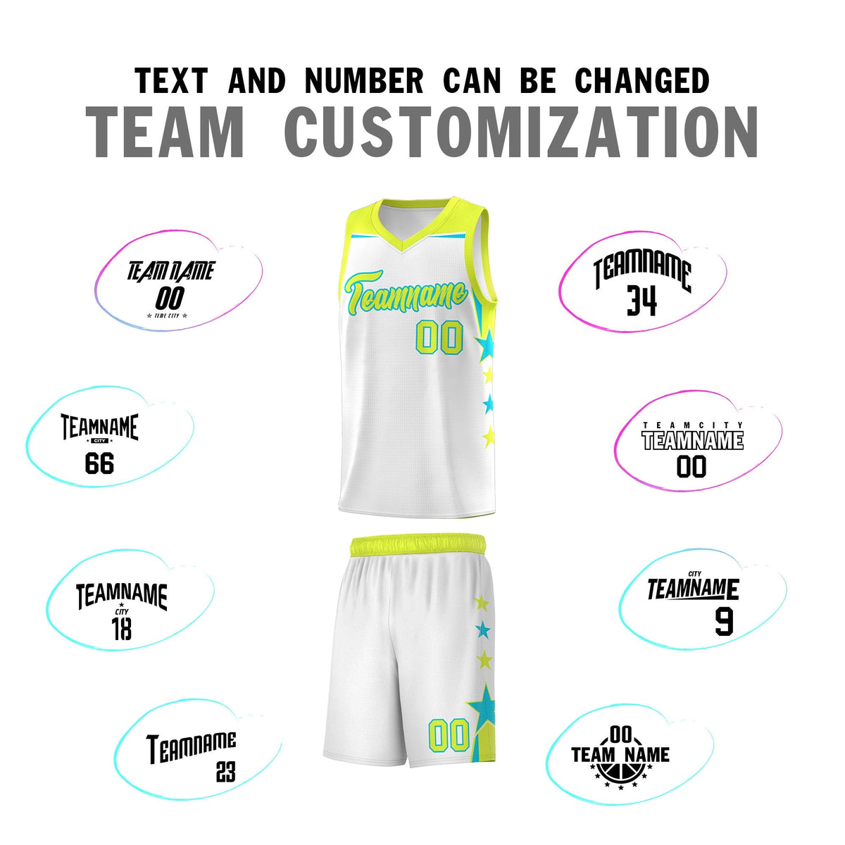 Custom Youth Basketball Uniform White Fluorescent Green Two Tone Side Star Add Name Number & Logo