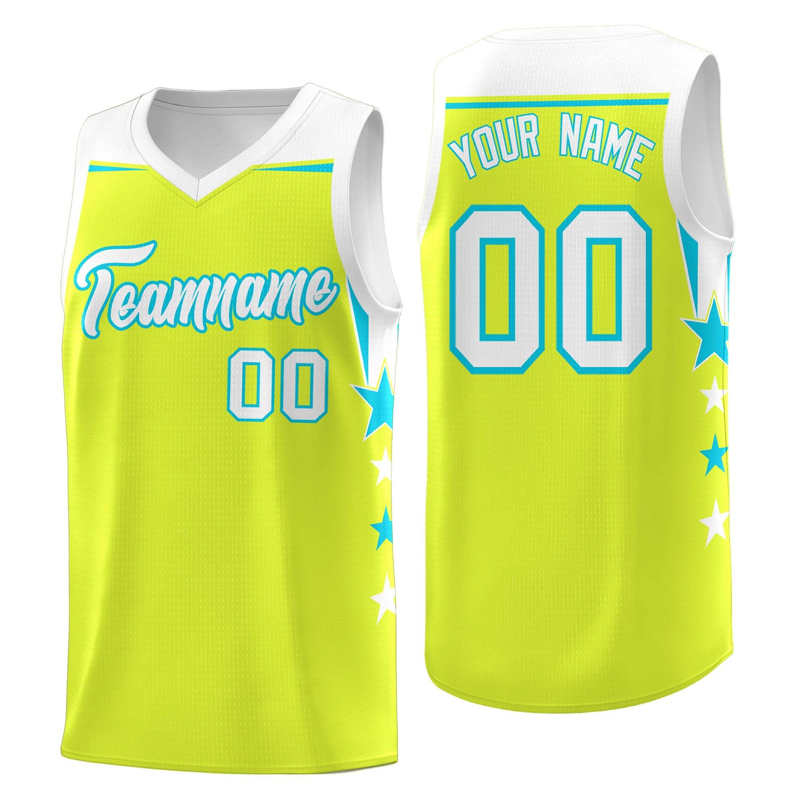 Custom Youth Basketball Uniform Fluorescent Green White Two Tone Side Star Personalized Team Jersey