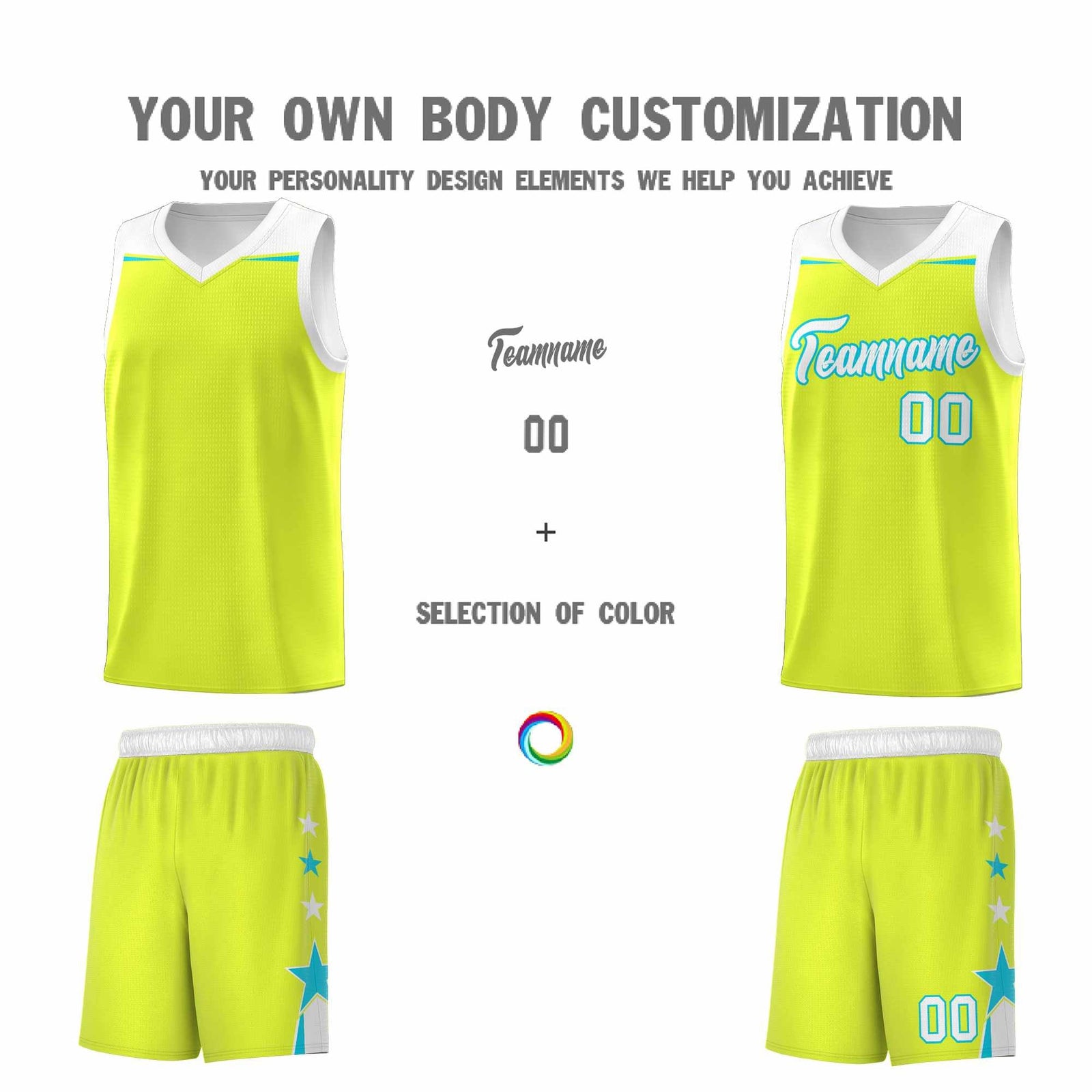 Custom Youth Basketball Uniform Fluorescent Green White Two Tone Side Star Personalized Team Jersey