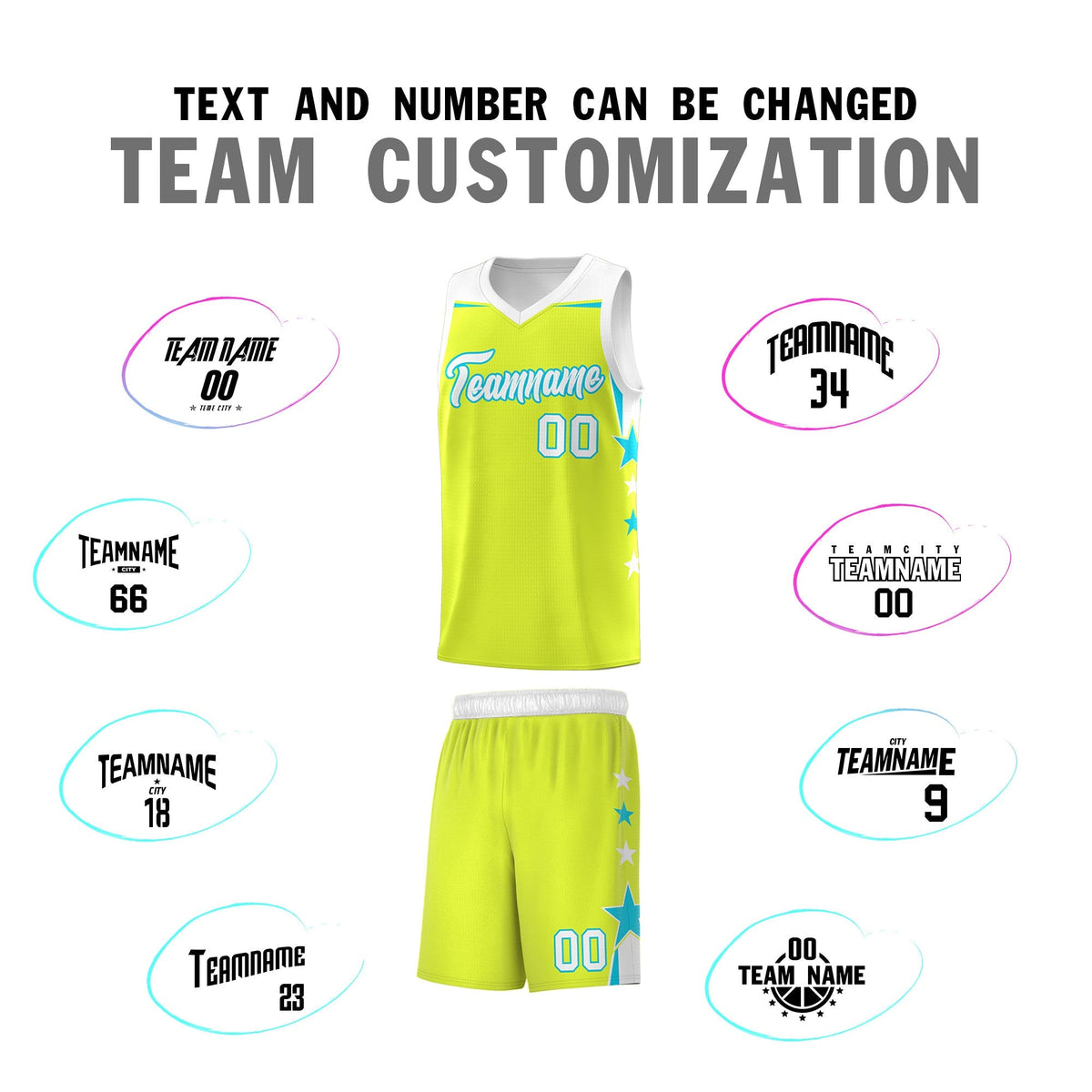 Custom Youth Basketball Uniform Fluorescent Green White Two Tone Side Star Personalized Team Jersey