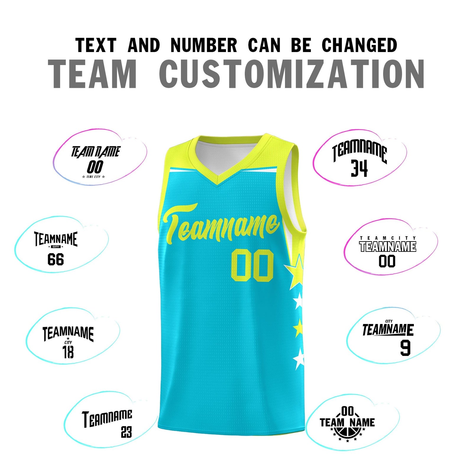 Custom Youth Basketball Uniform Sky Blue Fluorescent Green Two Tone Side Star Color Block Team Jersey