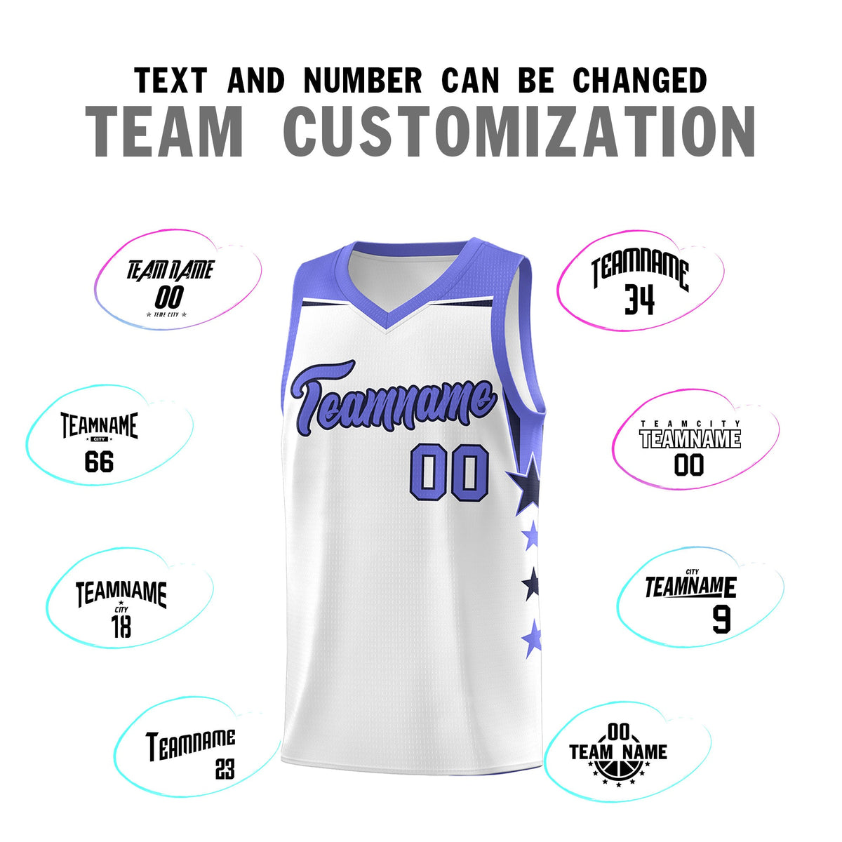 Custom Youth Basketball Uniform White Purple Two Tone Side Star Add Name Number & Logo