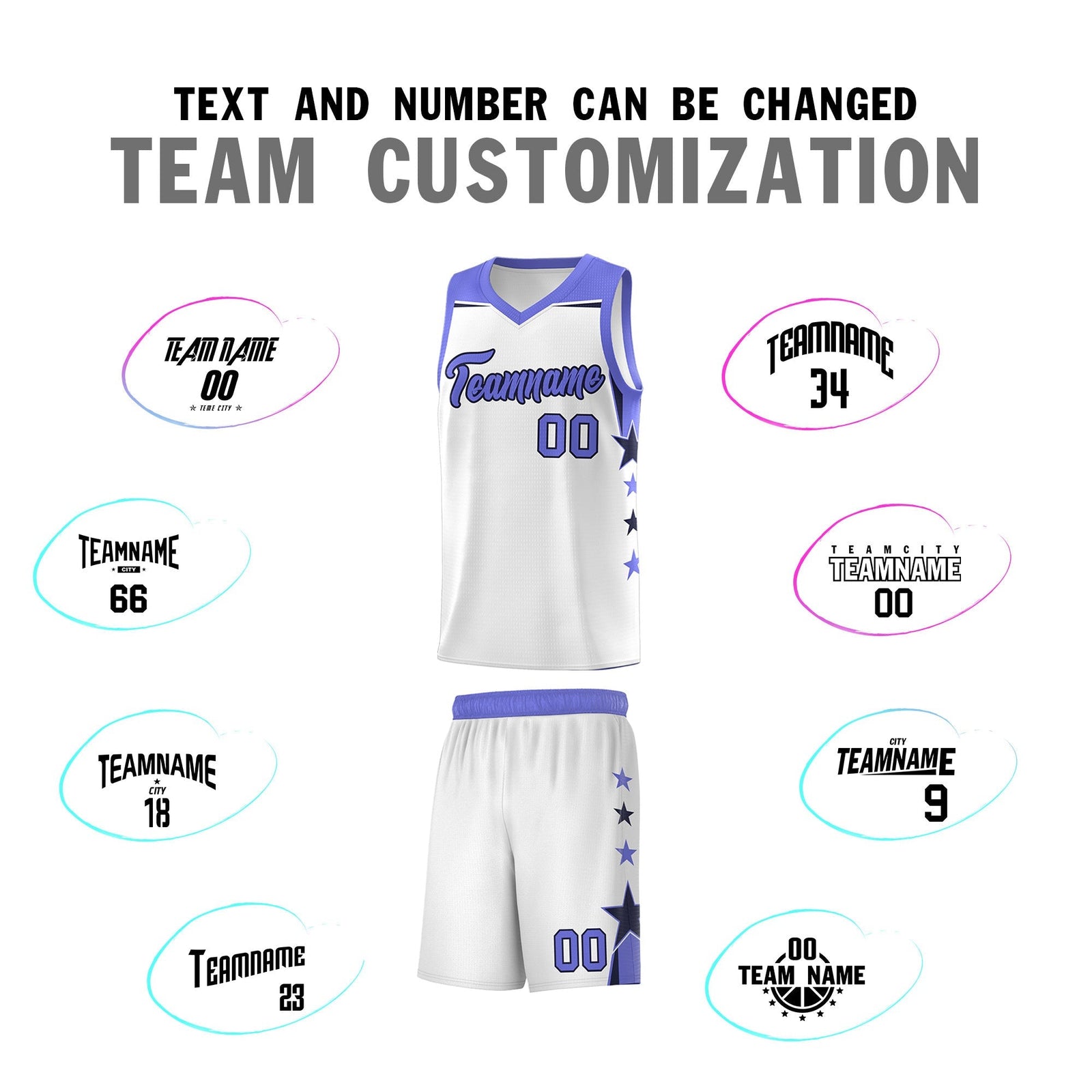 Custom Youth Basketball Uniform White Purple Two Tone Side Star Add Name Number & Logo
