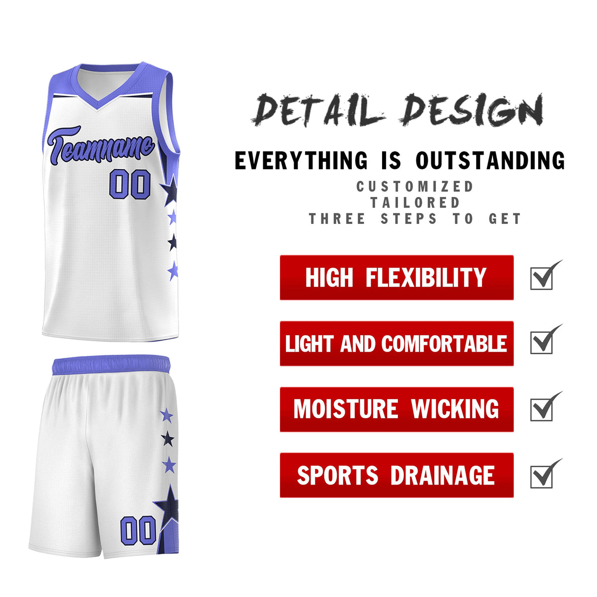 Custom Youth Basketball Uniform White Purple Two Tone Side Star Add Name Number & Logo