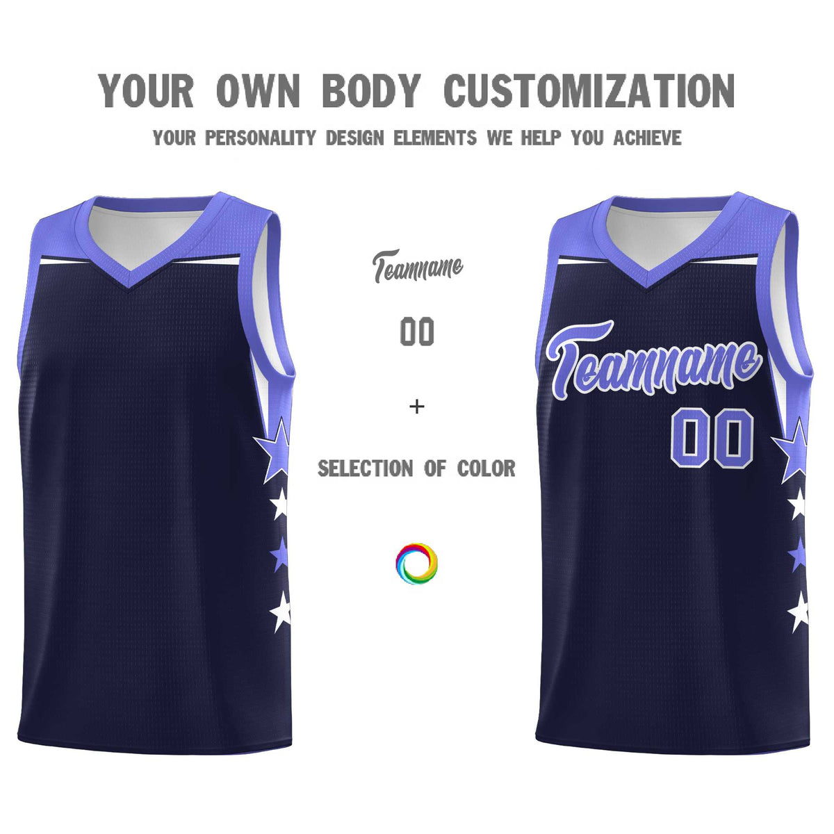 Custom Youth Basketball Uniform Navy Purple Two Tone Side Star Color Block Team Jersey