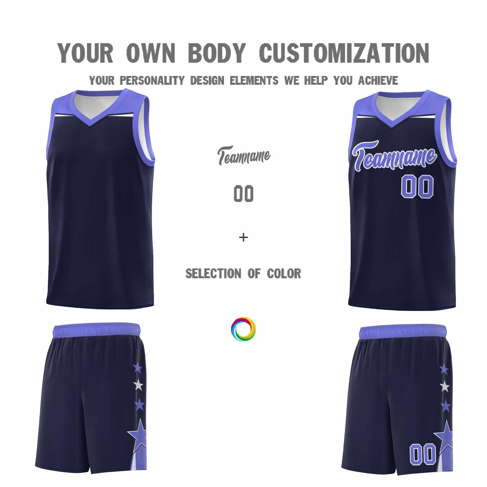 Custom Youth Basketball Uniform Navy Purple Two Tone Side Star Color Block Team Jersey