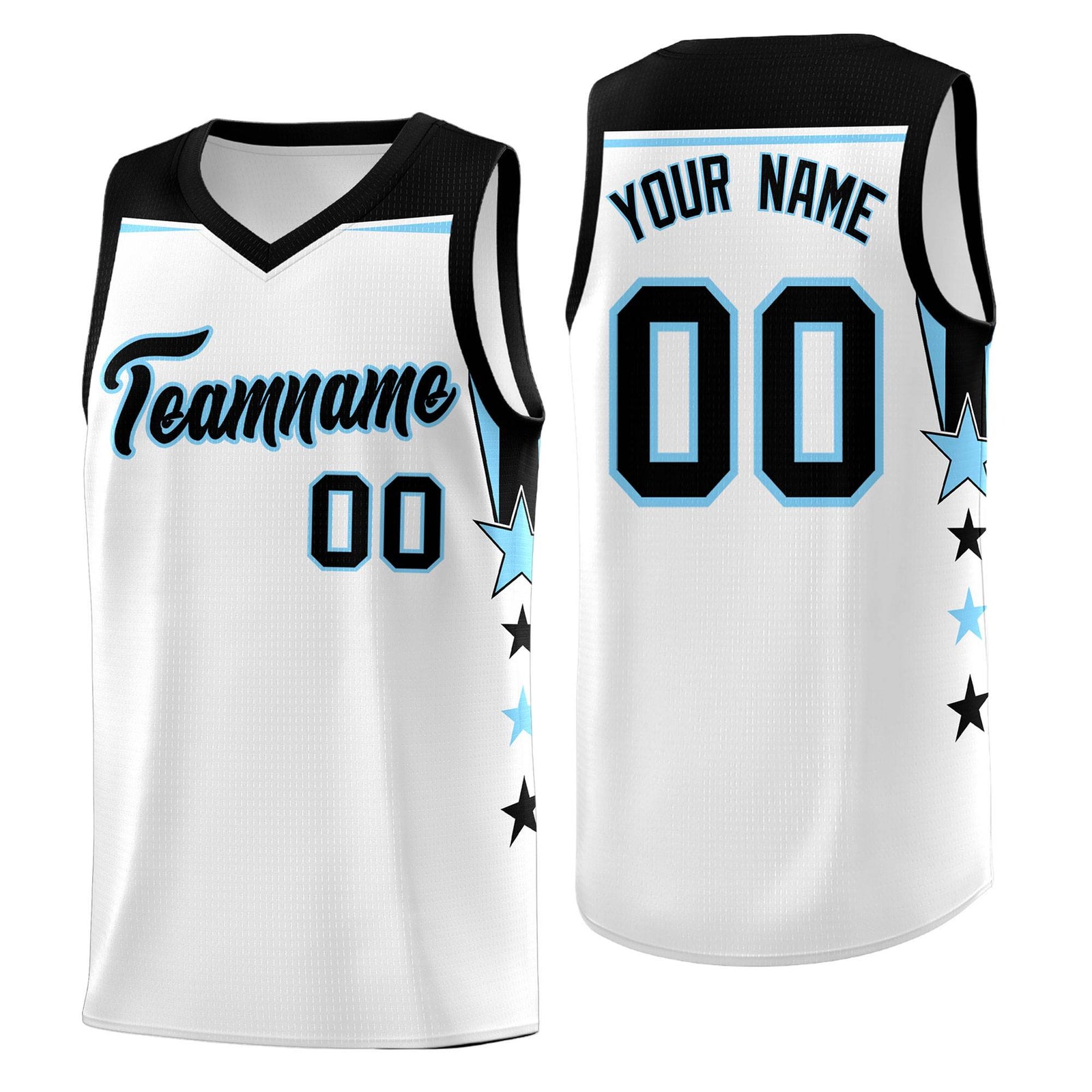 Custom Youth Basketball Uniform White Light Blue Two Tone Side Star Add Name Number & Logo