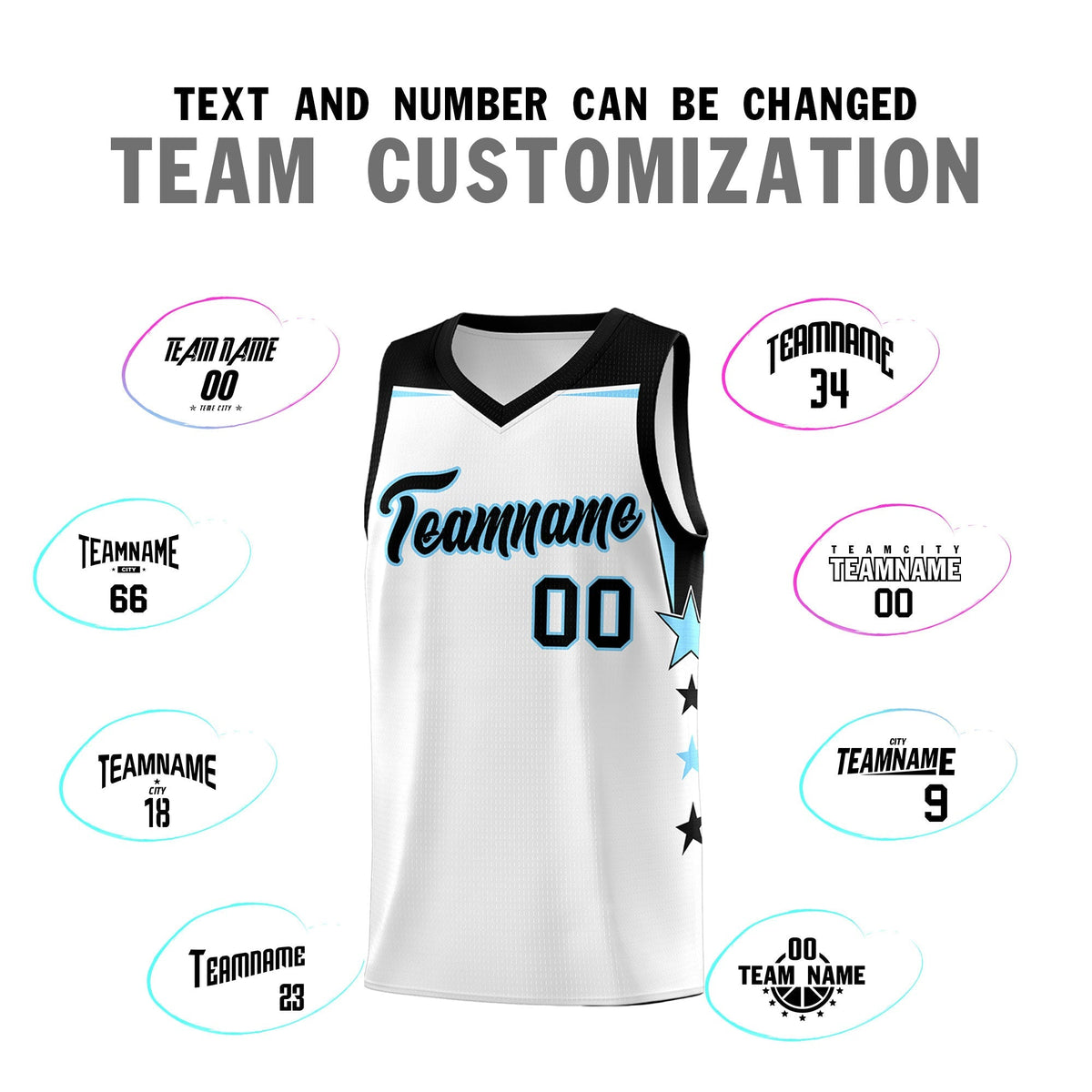 Custom Youth Basketball Uniform White Light Blue Two Tone Side Star Add Name Number & Logo