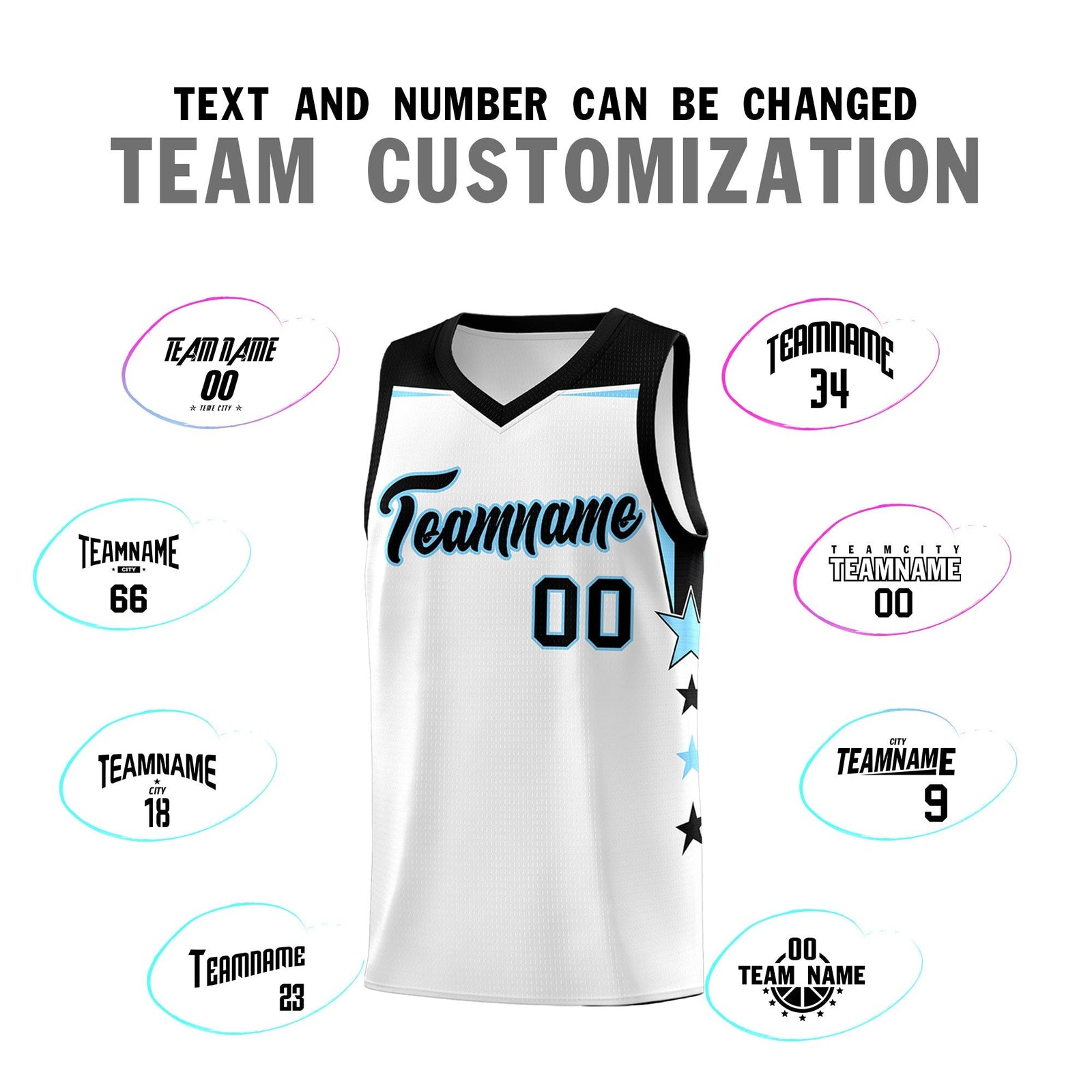 Custom Youth Basketball Uniform White Light Blue Two Tone Side Star Add Name Number & Logo