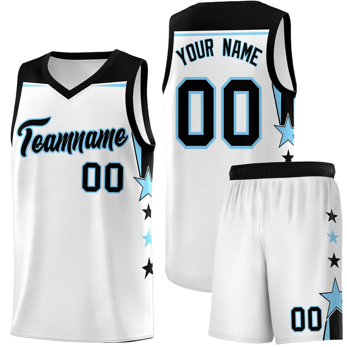 Custom Youth Basketball Uniform White Light Blue Two Tone Side Star Add Name Number & Logo