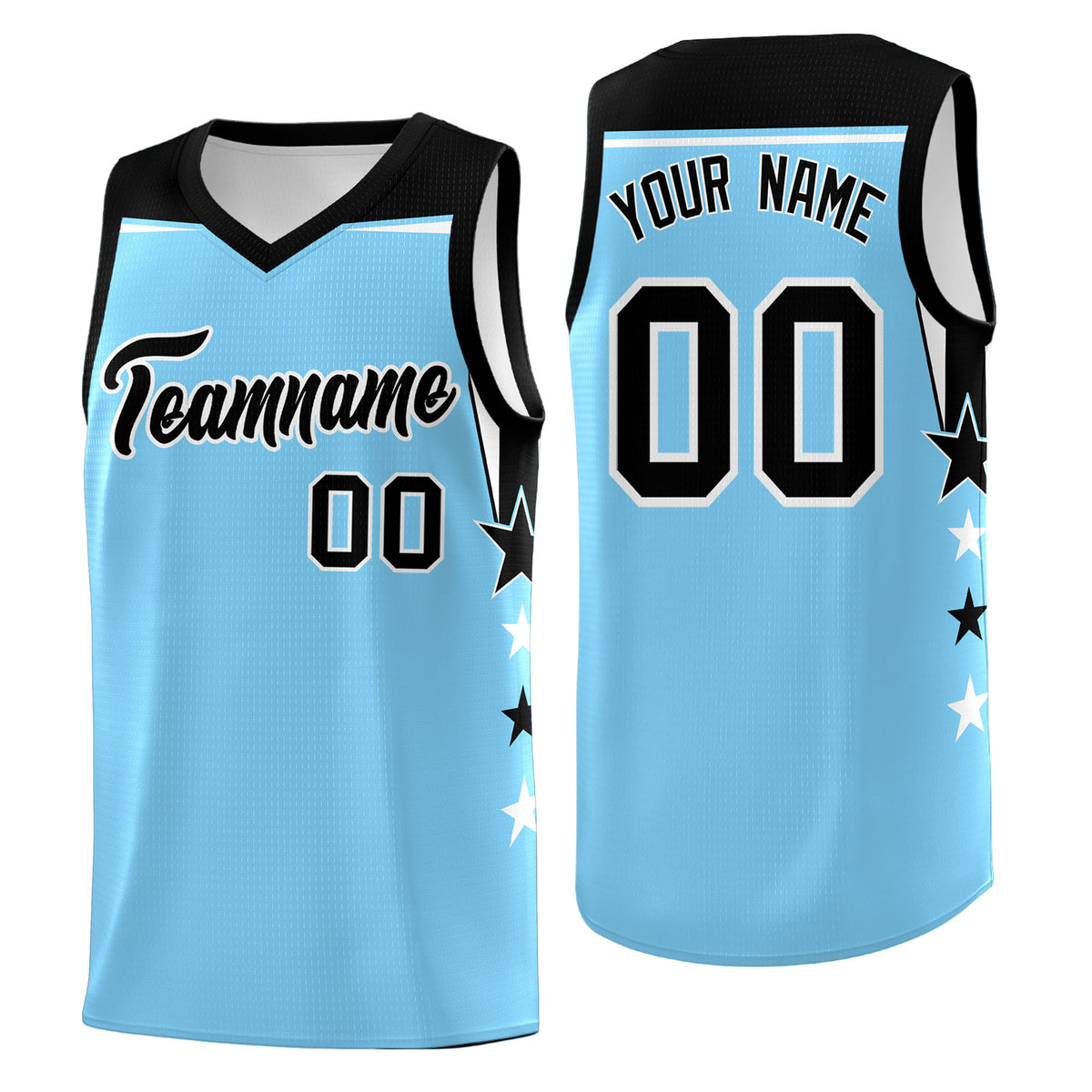 Custom Youth Basketball Uniform Light Blue Black Two Tone Side Star Color Block Team Jersey