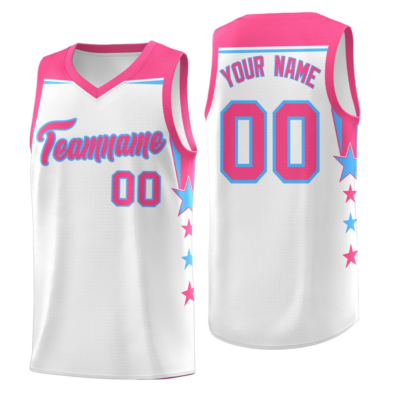 Custom Youth Basketball Uniform White Pink Two Tone Side Star Add Name Number & Logo