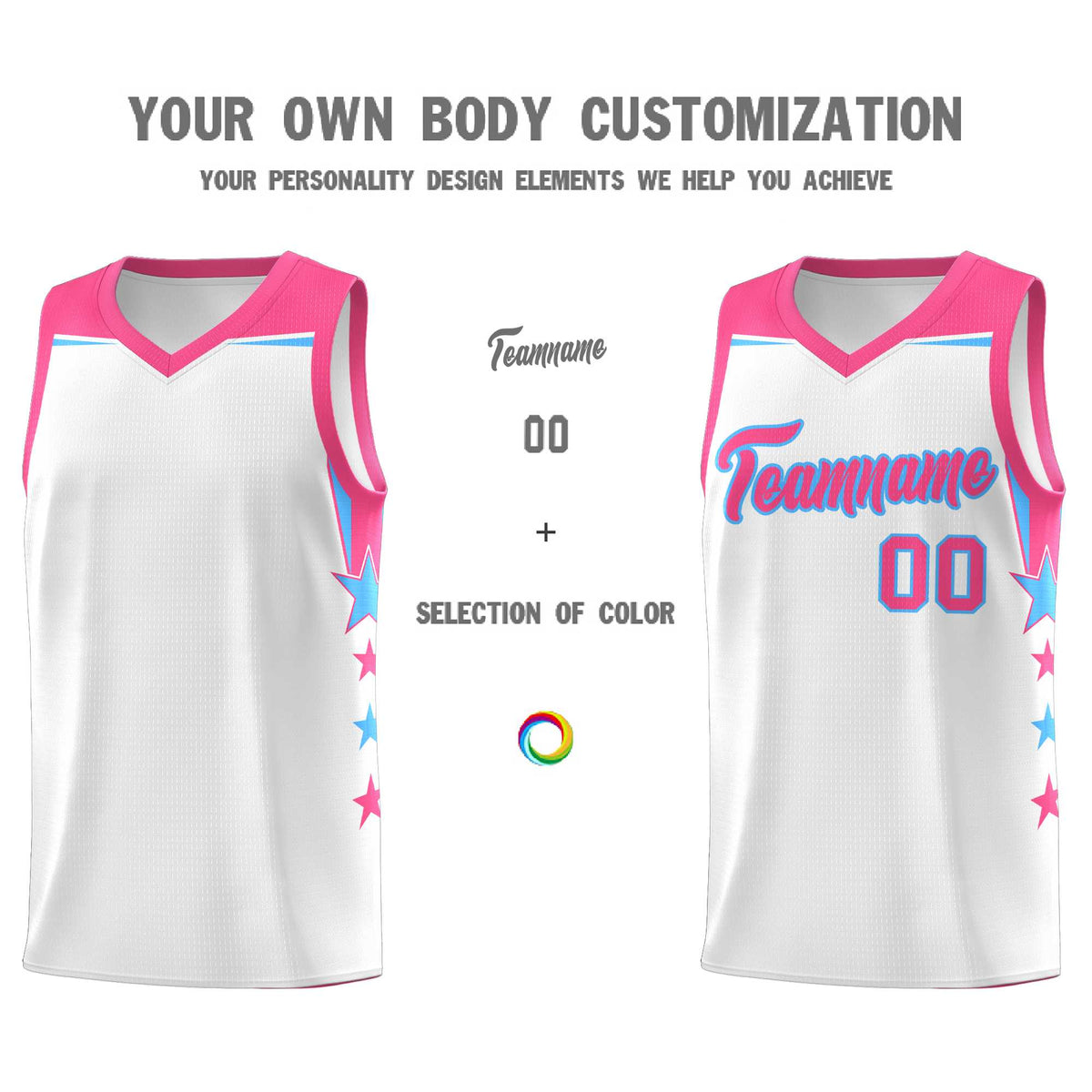 Custom Youth Basketball Uniform White Pink Two Tone Side Star Add Name Number & Logo