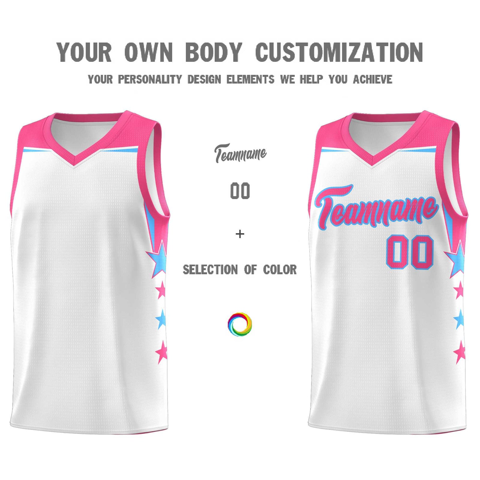Custom Youth Basketball Uniform White Pink Two Tone Side Star Add Name Number & Logo