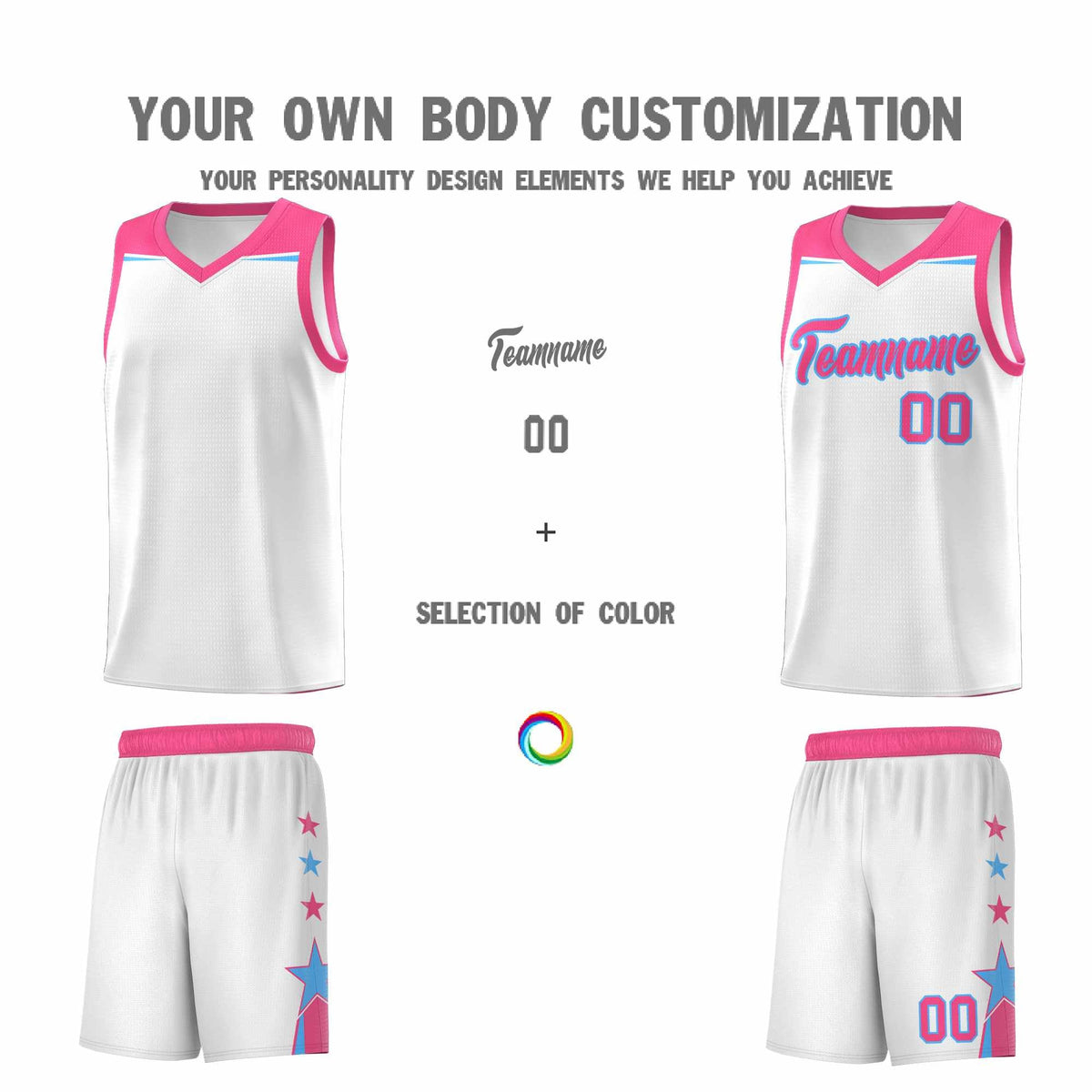 Custom Youth Basketball Uniform White Pink Two Tone Side Star Add Name Number & Logo