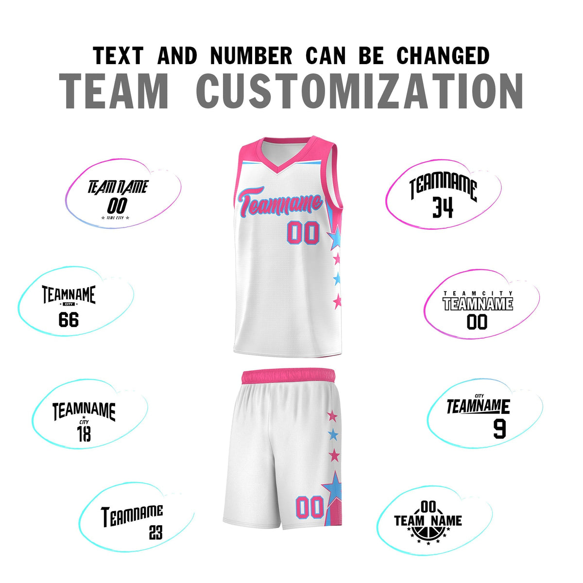 Custom Youth Basketball Uniform White Pink Two Tone Side Star Add Name Number & Logo
