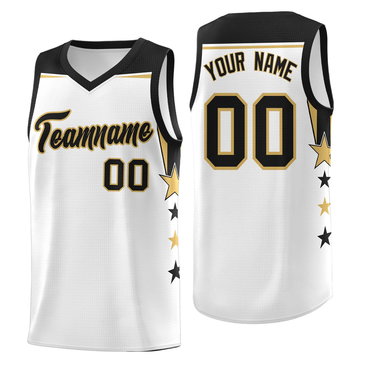 Custom Youth Basketball Uniform White Black Two Tone Side Star Add Name Number & Logo