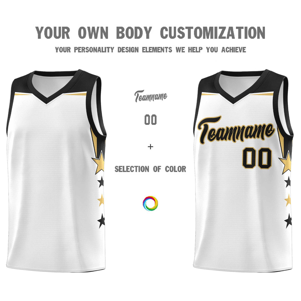 Custom Youth Basketball Uniform White Black Two Tone Side Star Add Name Number & Logo