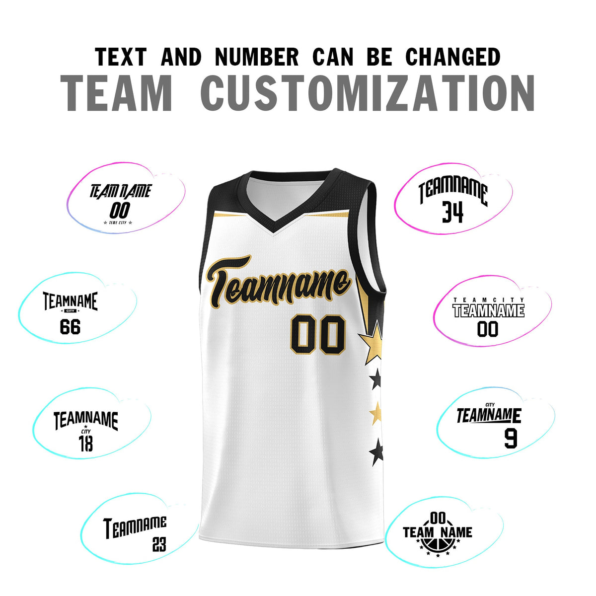 Custom Youth Basketball Uniform White Black Two Tone Side Star Add Name Number & Logo