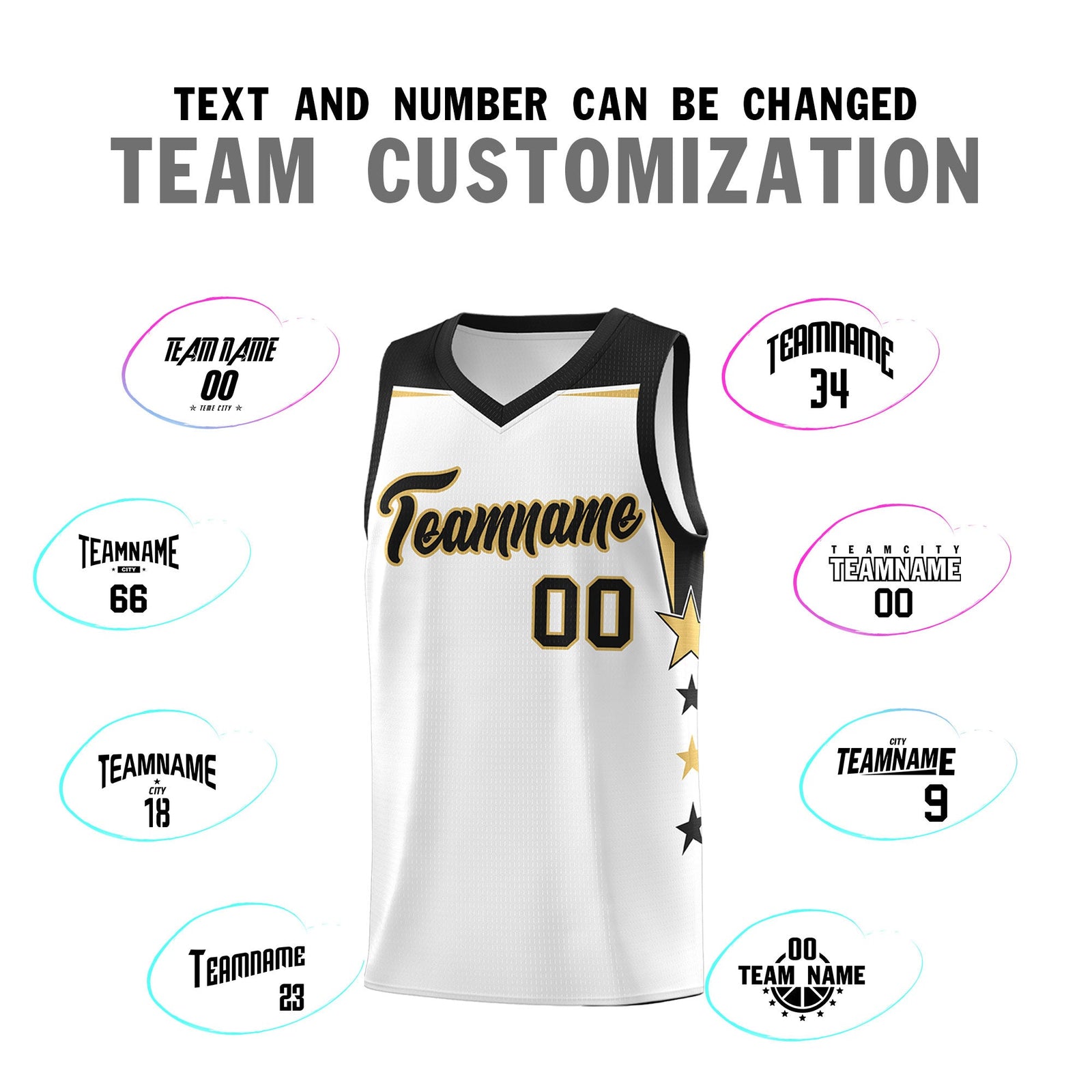 Custom Youth Basketball Uniform White Black Two Tone Side Star Add Name Number & Logo
