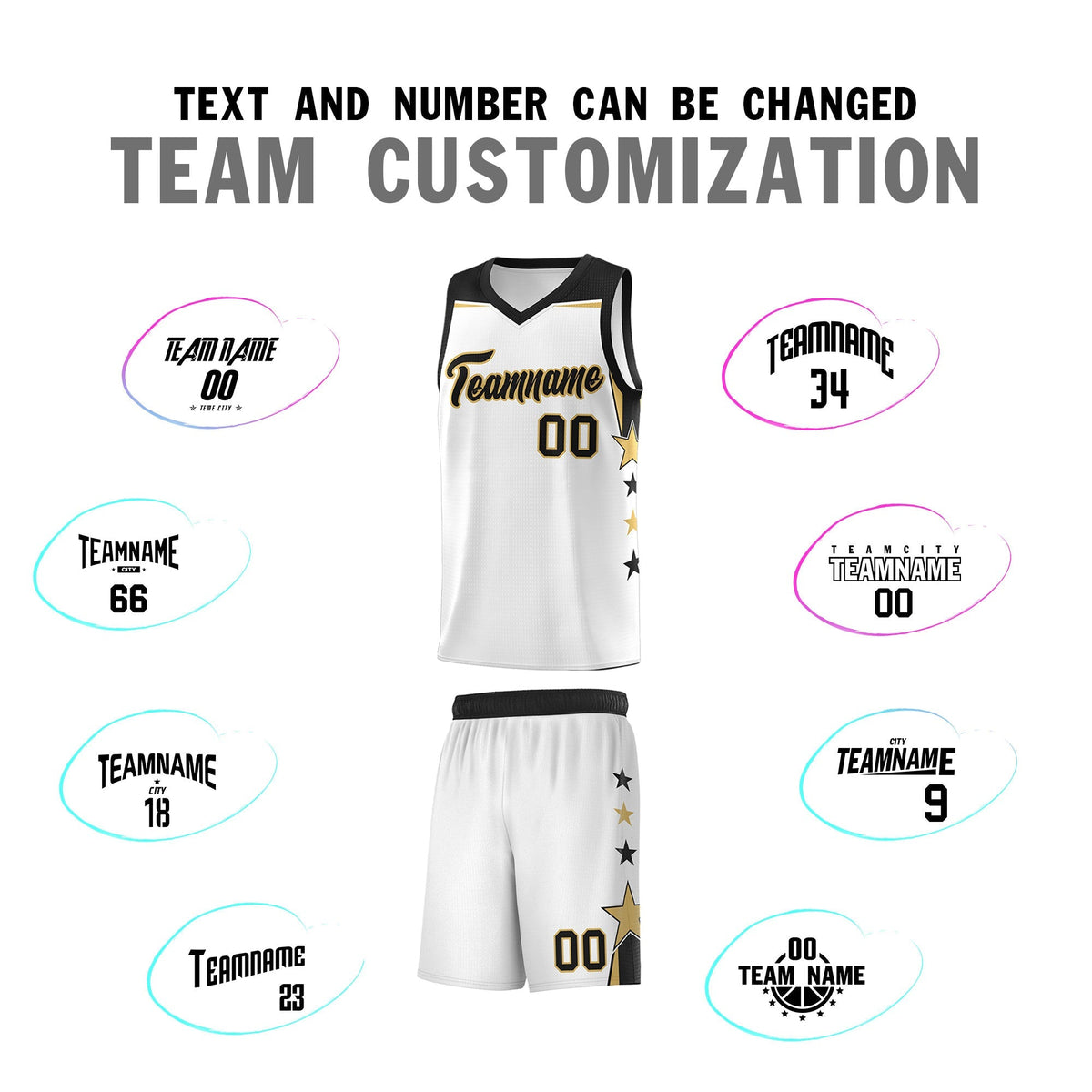 Custom Youth Basketball Uniform White Black Two Tone Side Star Add Name Number & Logo
