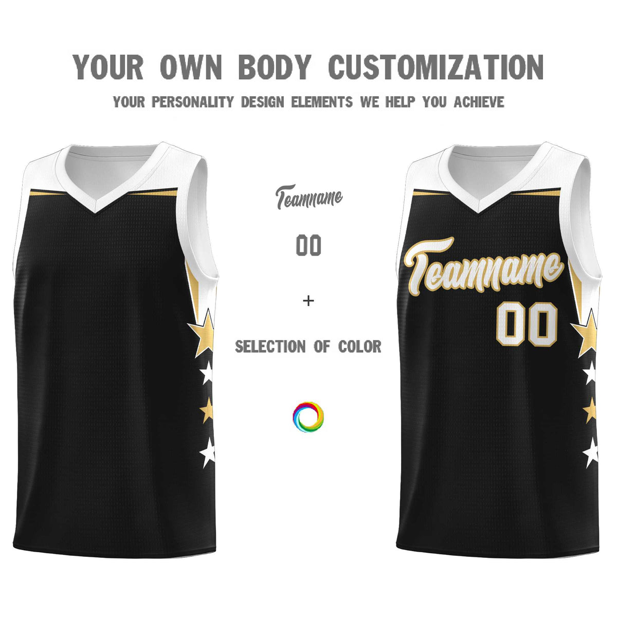 Custom Youth Basketball Uniform Black White Two Tone Side Star Personalized Team Jersey