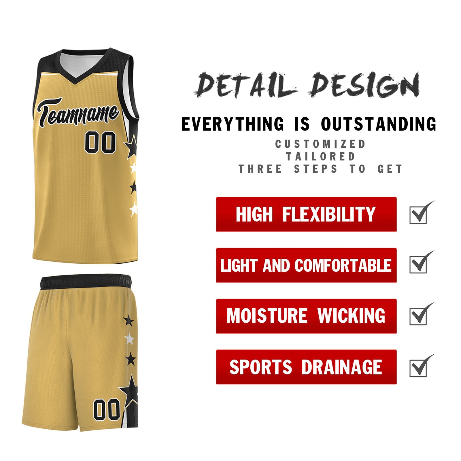 Custom Youth Basketball Uniform Old Gold Black Two Tone Side Star Color Block Team Jersey