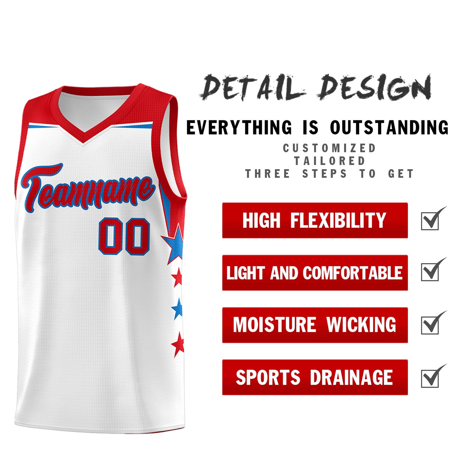 Custom Youth Basketball Uniform White Red Two Tone Side Star Add Name Number & Logo
