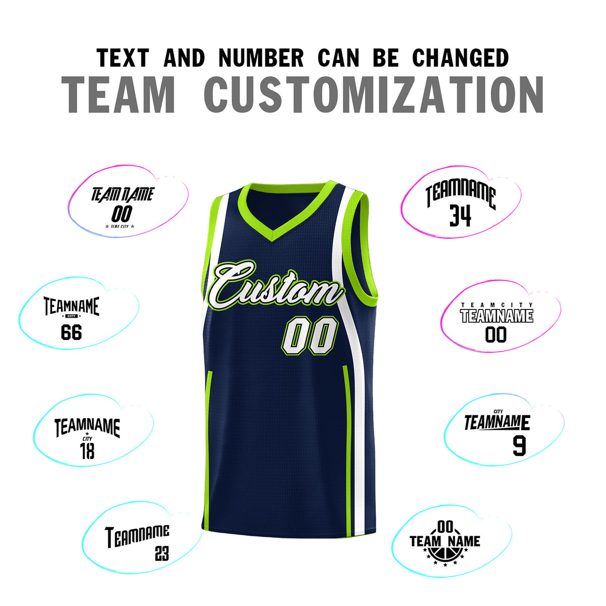 Custom Navy White-Fluorescent Green Ribbon Pattern Basketball Kits