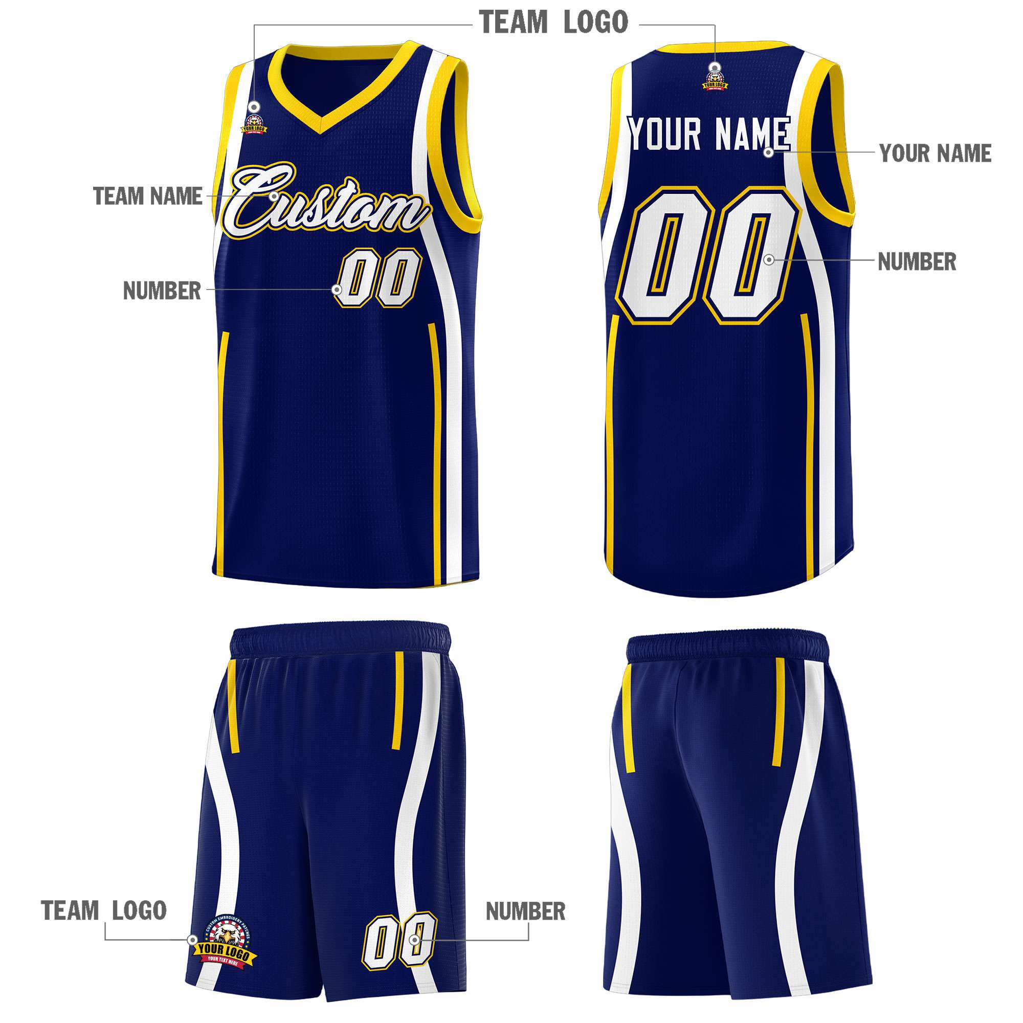 Custom Navy Gold-White Ribbon Pattern Basketball Kits