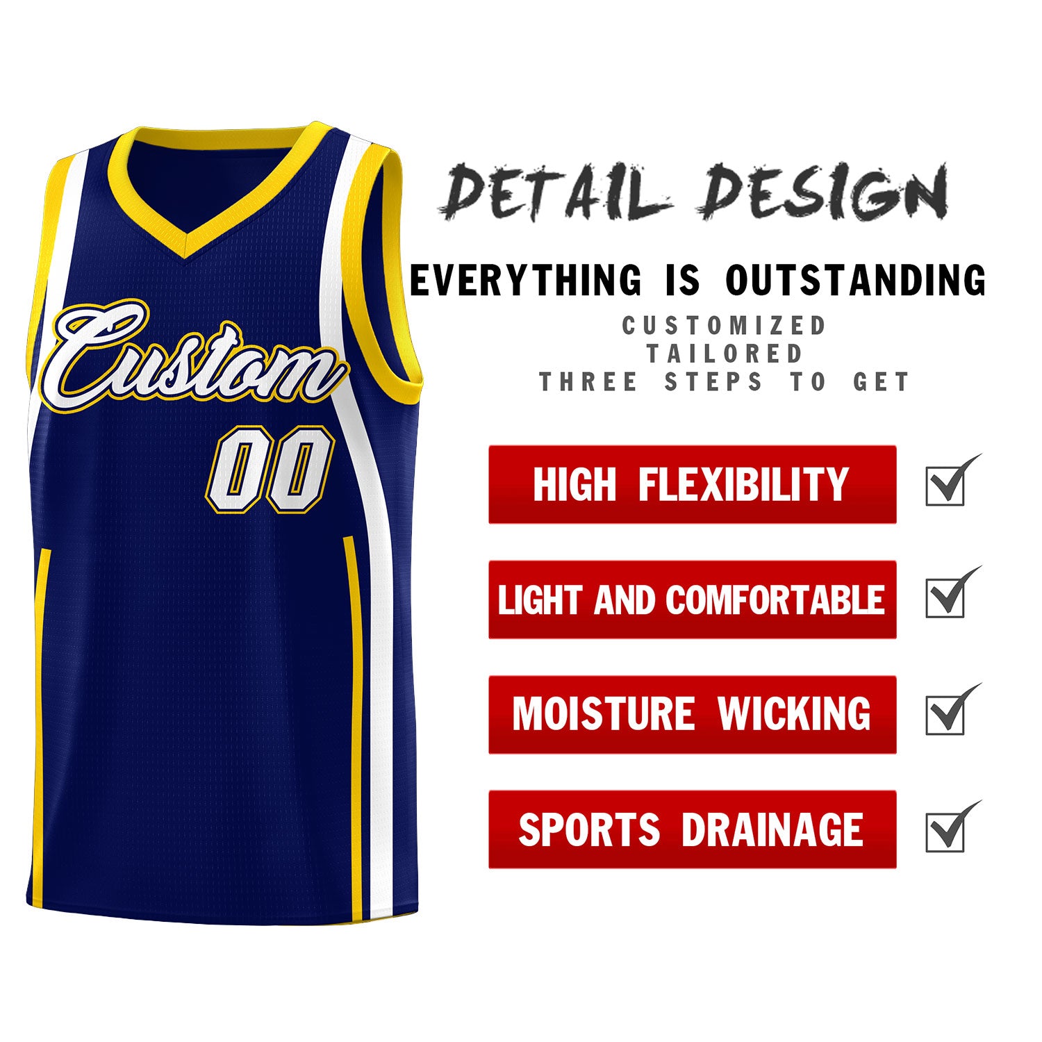 Custom Navy Gold-White Ribbon Pattern Basketball Kits