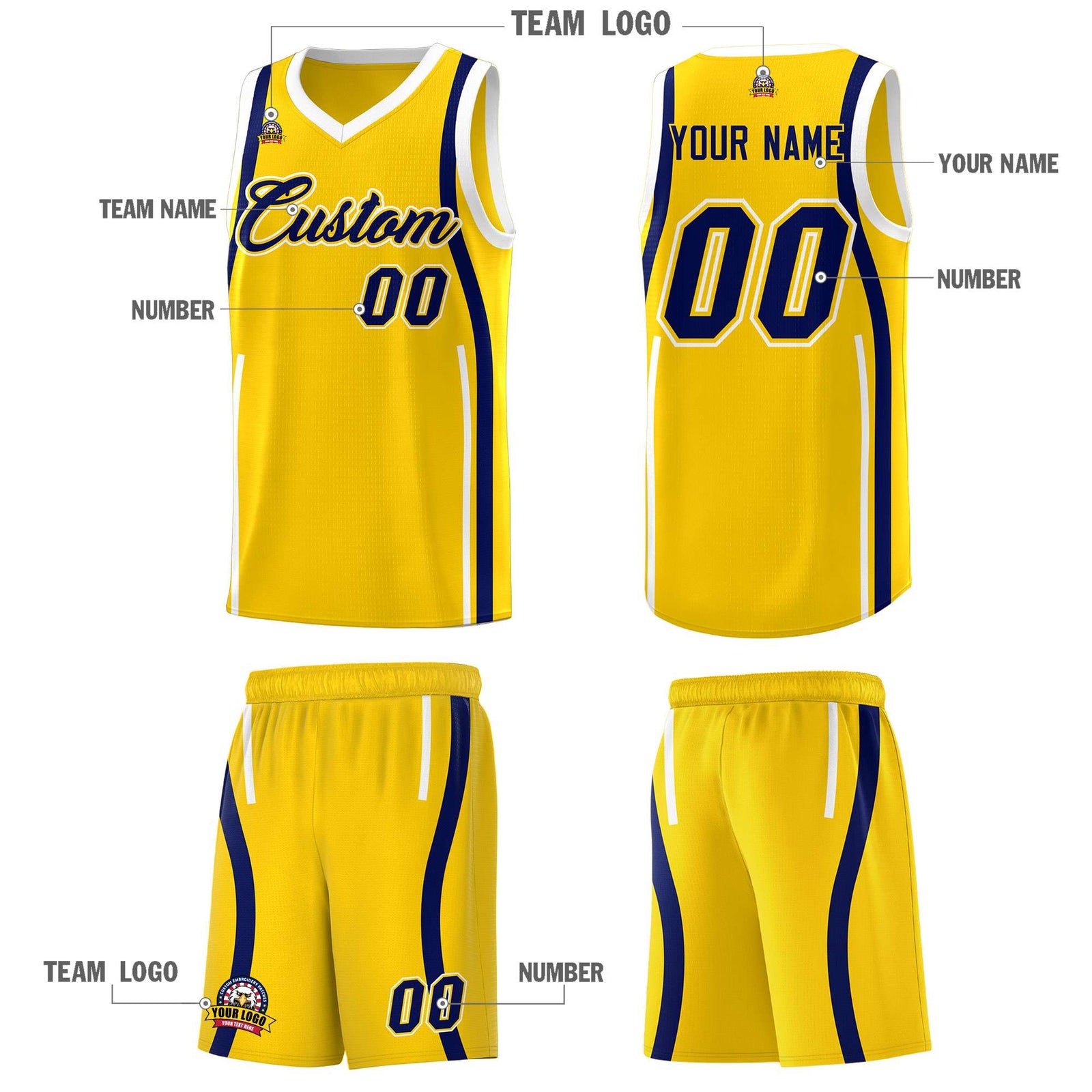 Custom Gold Navy-White Ribbon Pattern Basketball Kits