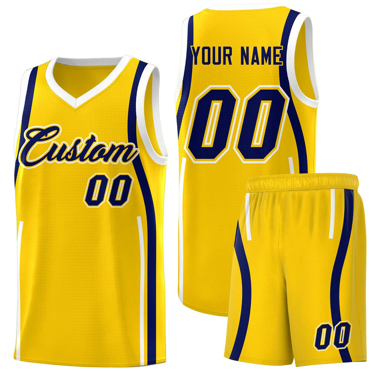 Custom Gold Navy-White Ribbon Pattern Basketball Kits
